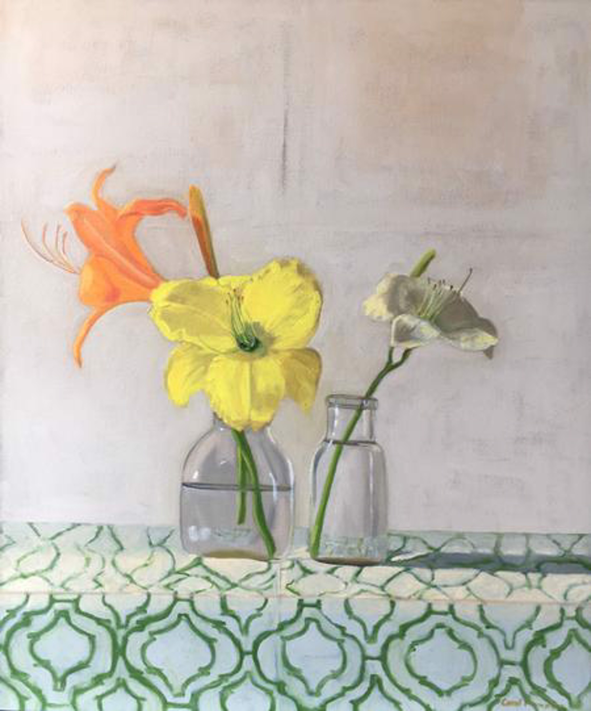 Lily on Green and White Tablecloth by Carol Thompson