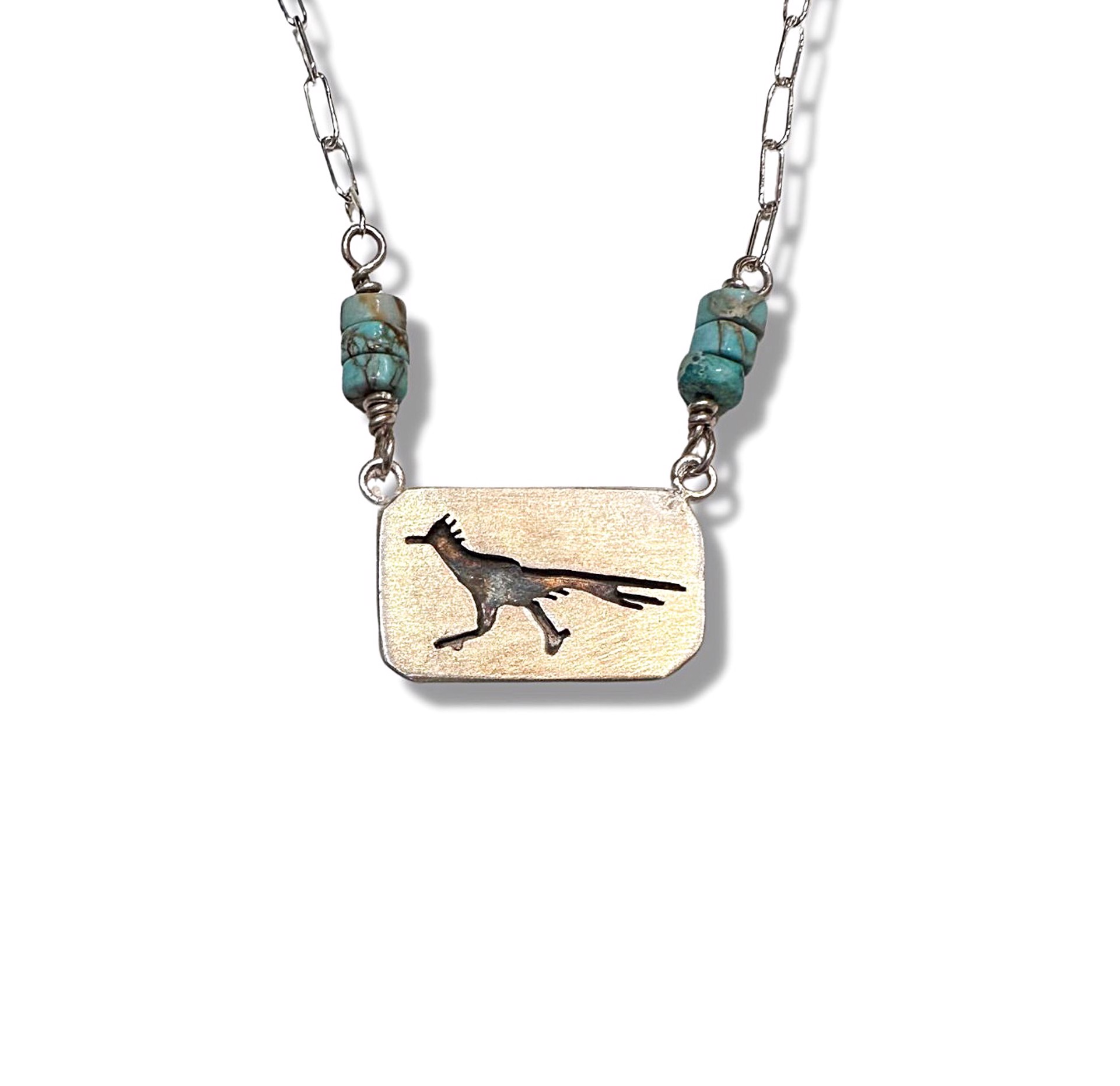 Necklace - Roadrunner set in Sterling Silver with Kingman Turquoise Beads (Medium) by Pattie Parkhurst