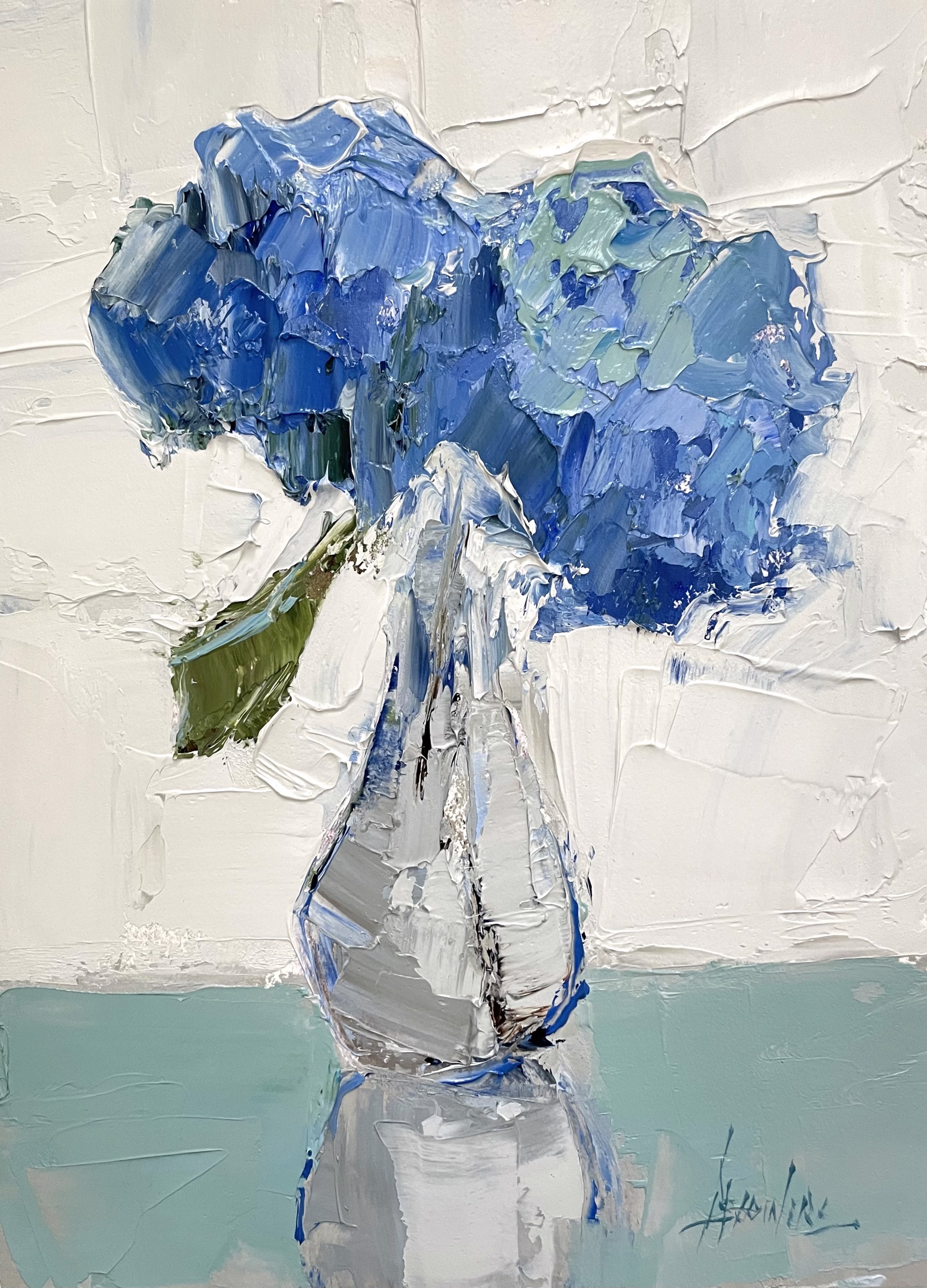 Blue Hydrangeas on Green Table by Barbara Flowers