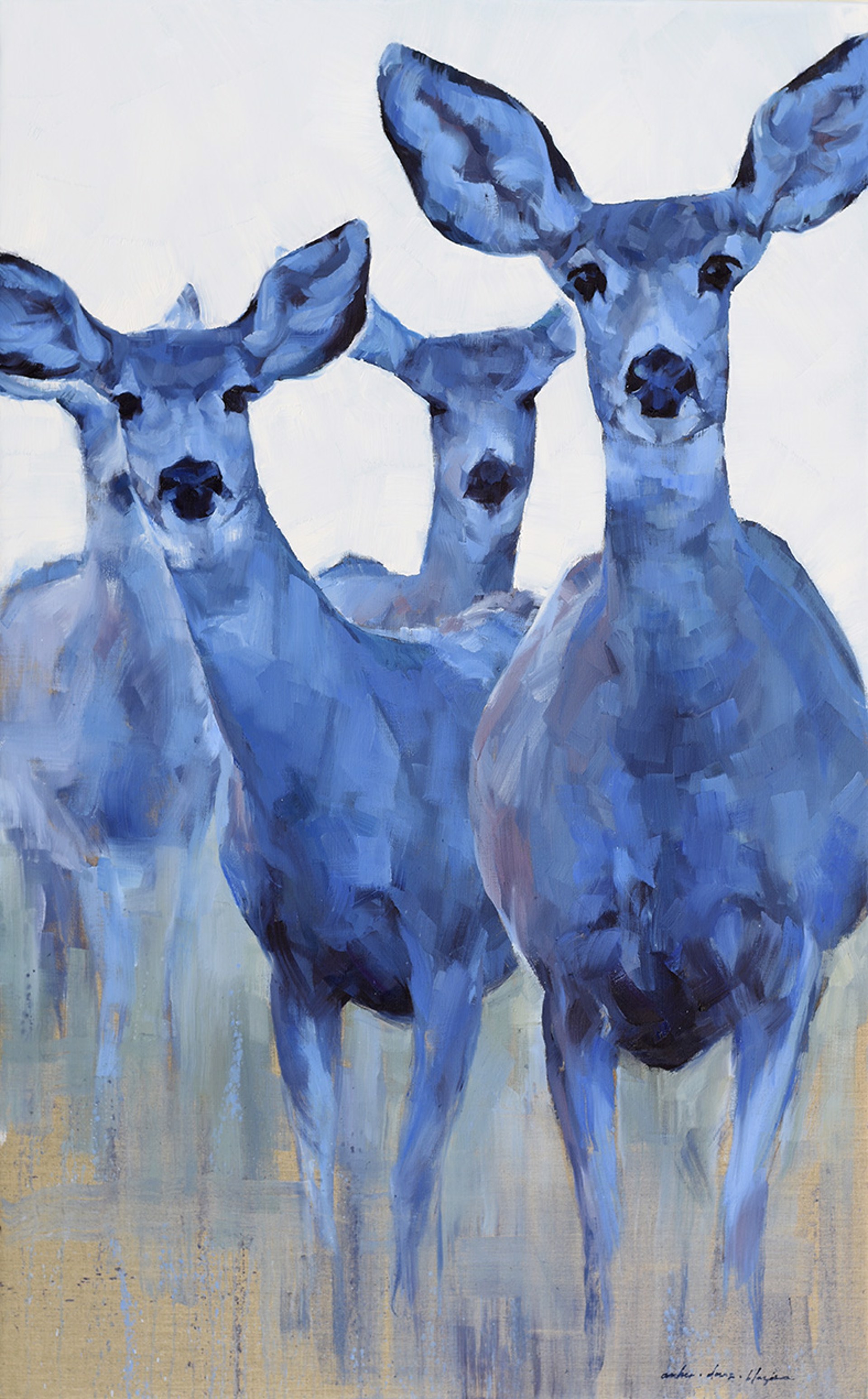 A Contemporary Oil Painting Of Four Alert Blue Deer Looking Back At The Viewer, By Amber Blazina, Available At Gallery Wild