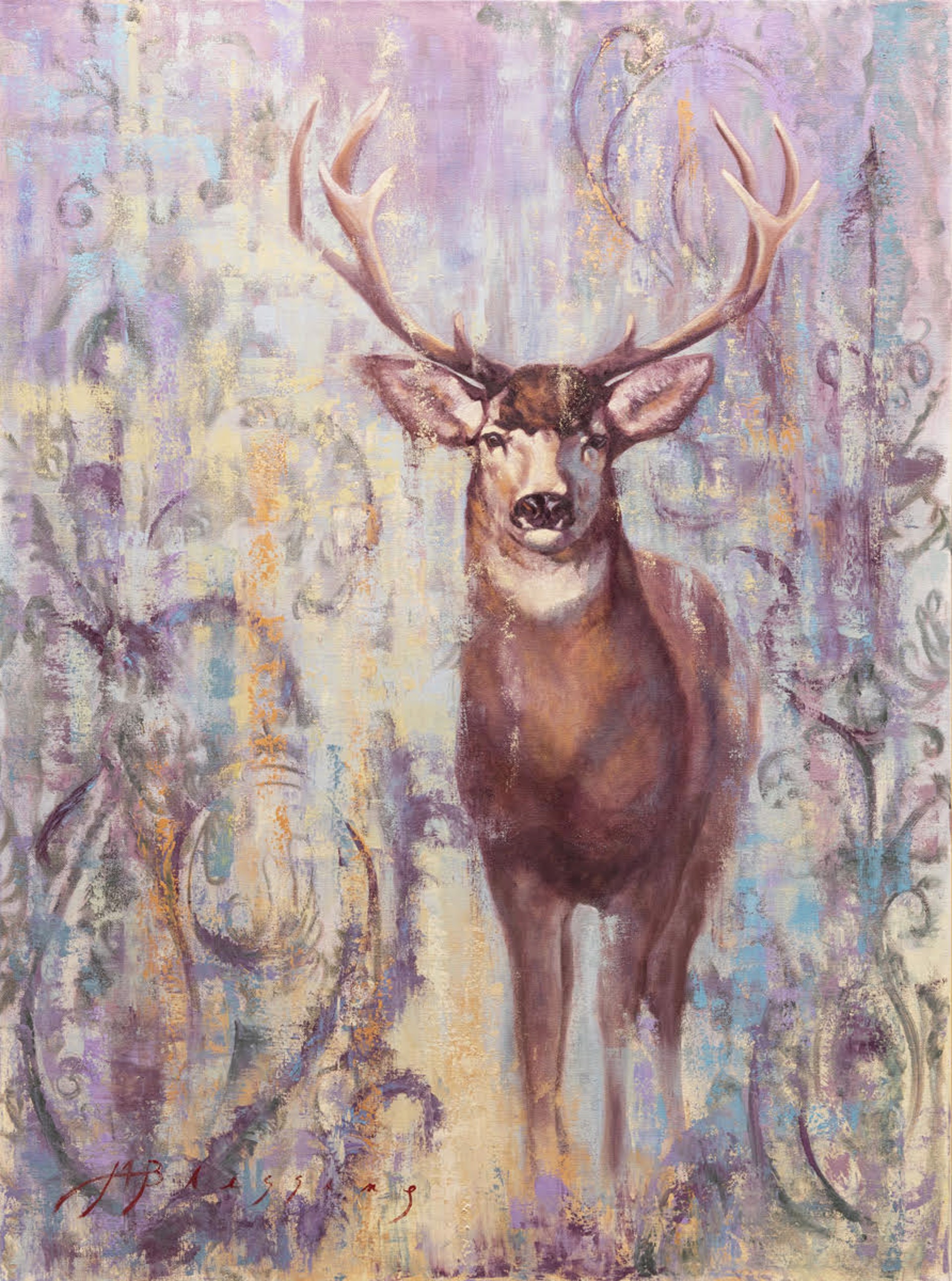 A Contemporary Oil Painting Of A Buck Mule Deer Walking Towards The Viewer Out Of An Abstract Modern Rustic Colorful Background, By Meagan Blessing