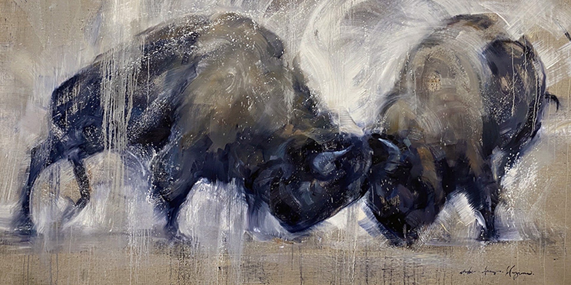 Contemporary Oil Painting Of Two Bull Bison Head Butting With A Dusty Effect And White Background By Amber Blazina, Available At Gallery Wild
