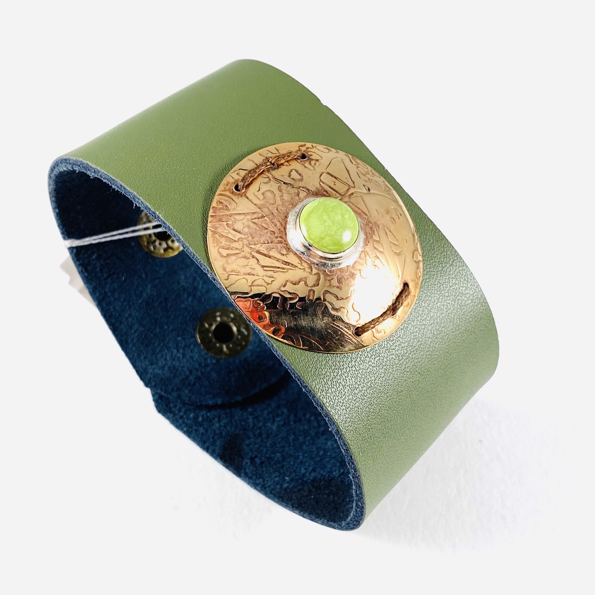 Green Turquoise and Bronze on Leather Cuff Bracelet AB21-54 by Anne Bivens