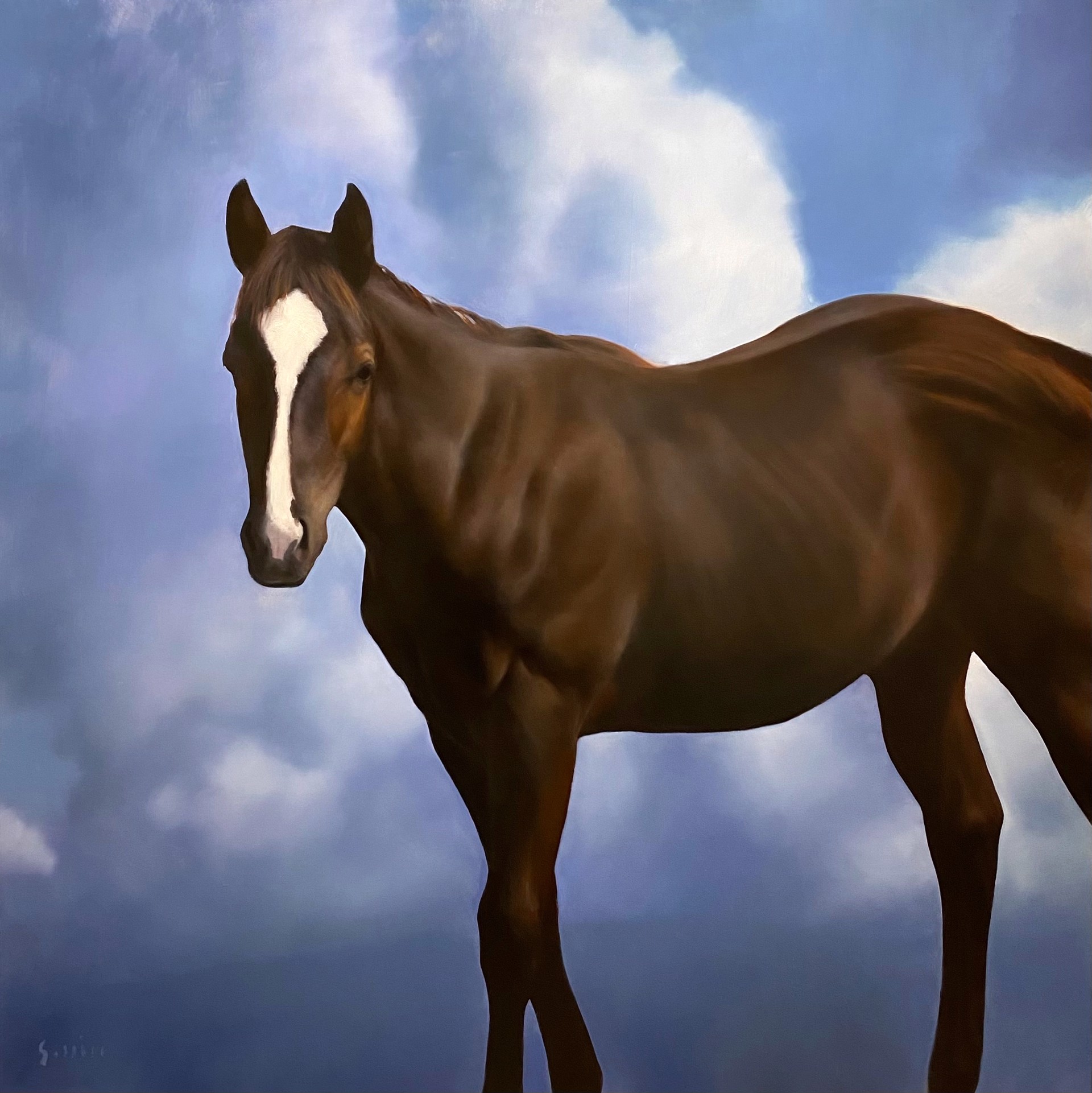 Original Oil Painting By George Hill Of A Brown Horse With Clouds