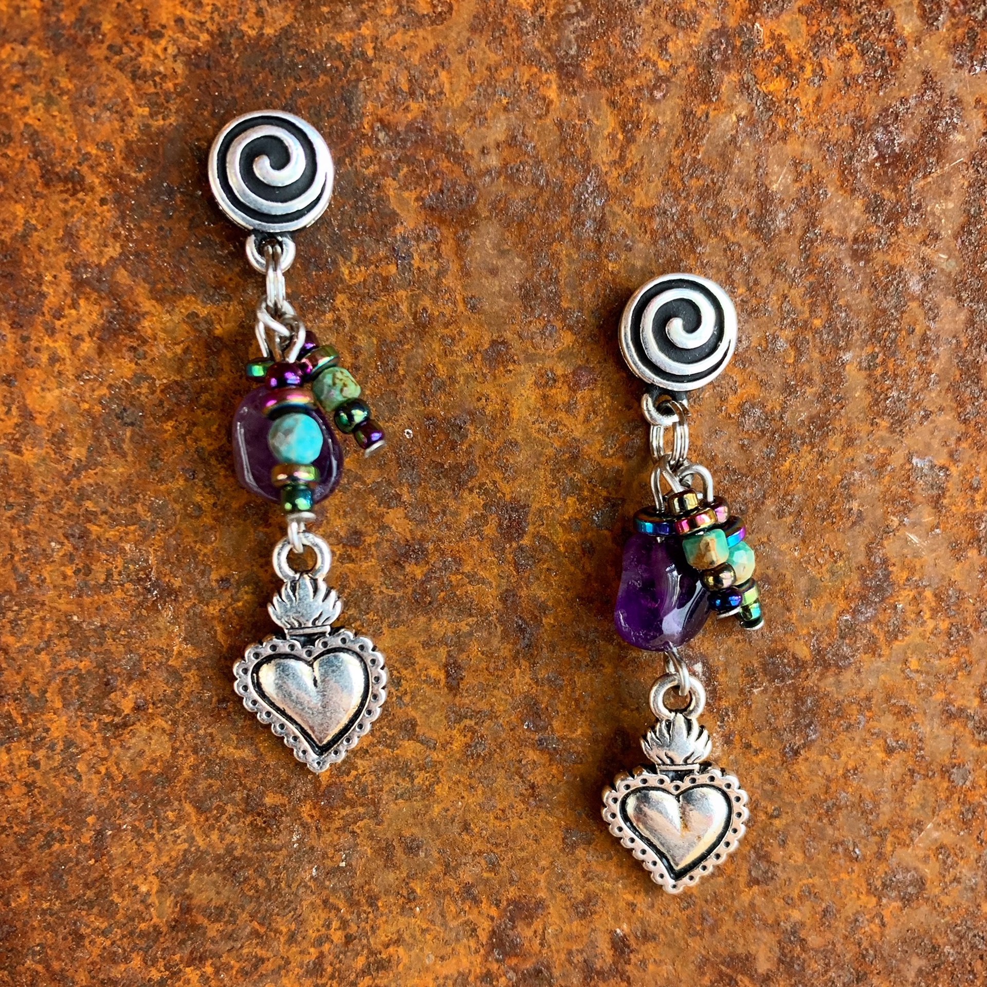 K768 Amethyst and Sacred Heart Earrings by Kelly Ormsby
