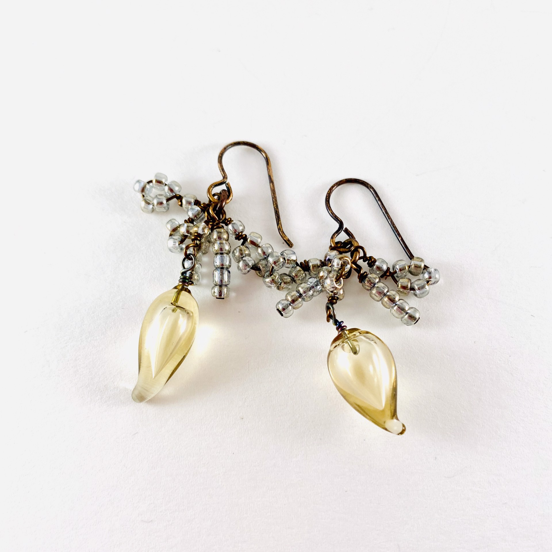 Amber Bubble Drop Earrings, seed beads, bronze #351 by Linda Sacra