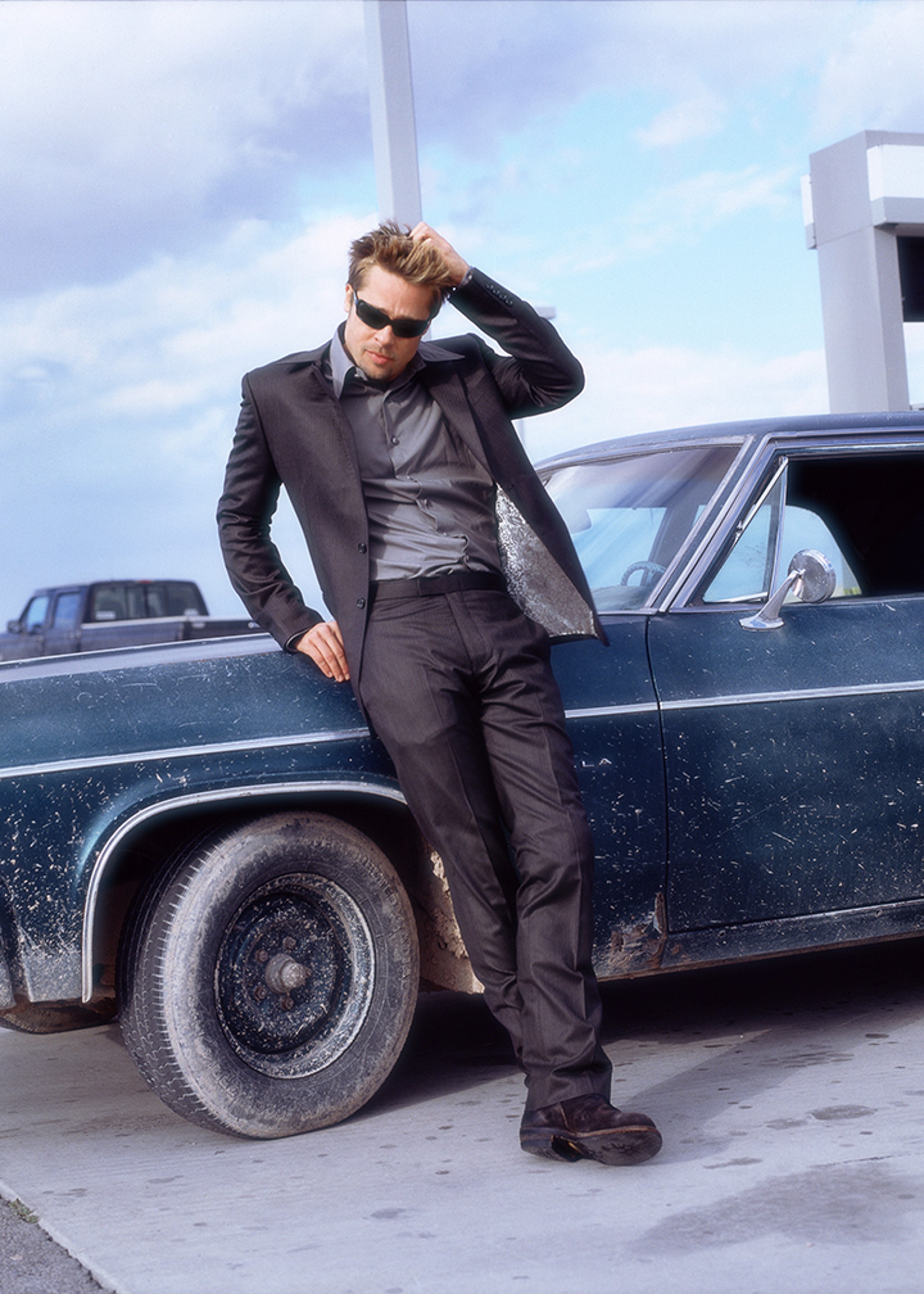 05009 Brad Pitt Against the Blue Car With Sunglasses Color by Timothy White