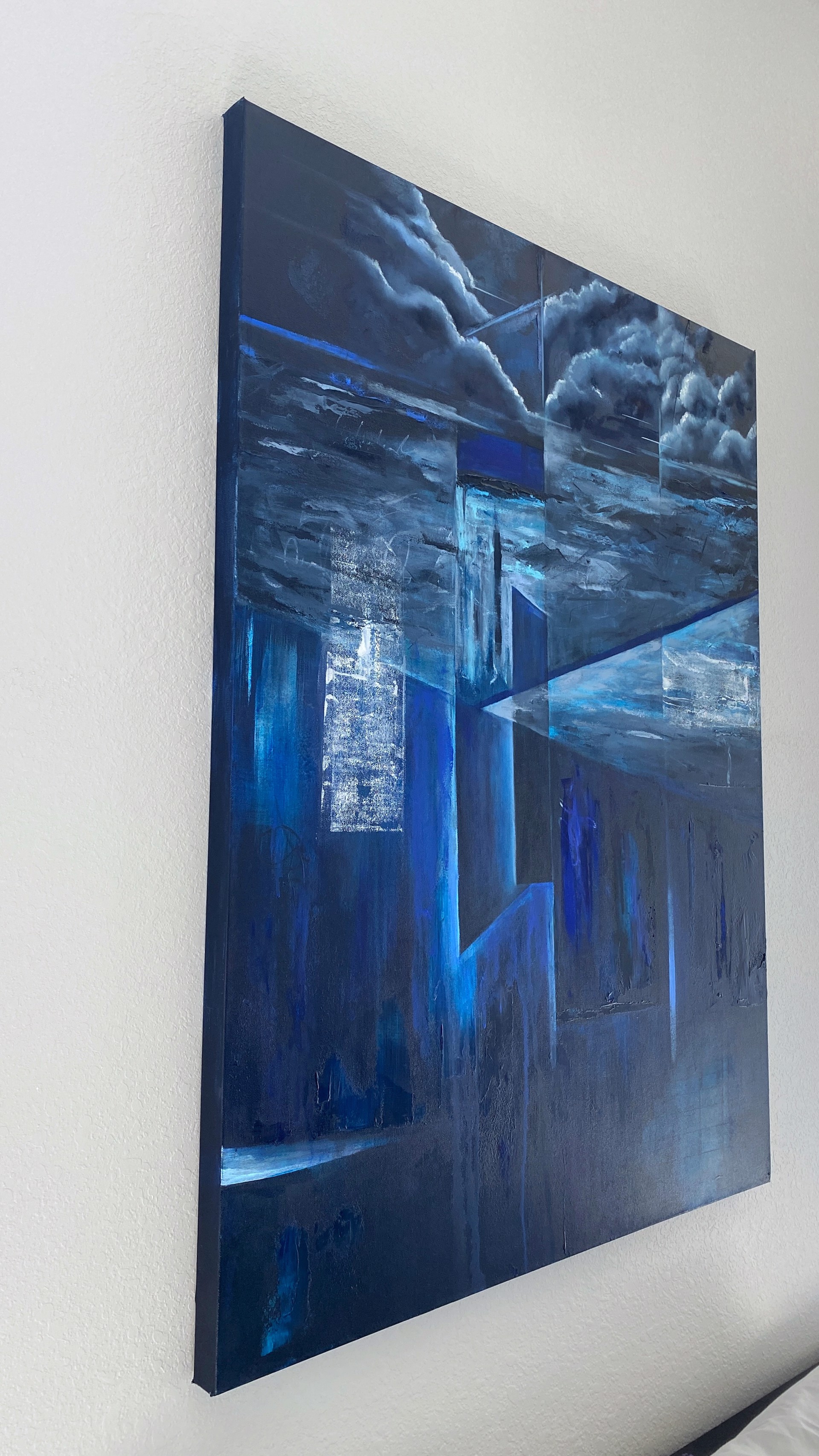 Susan Verekar - Emergence Oil on Canvas Painting - 36x48 - Blue Geometric Abstract water and sky modern painting
