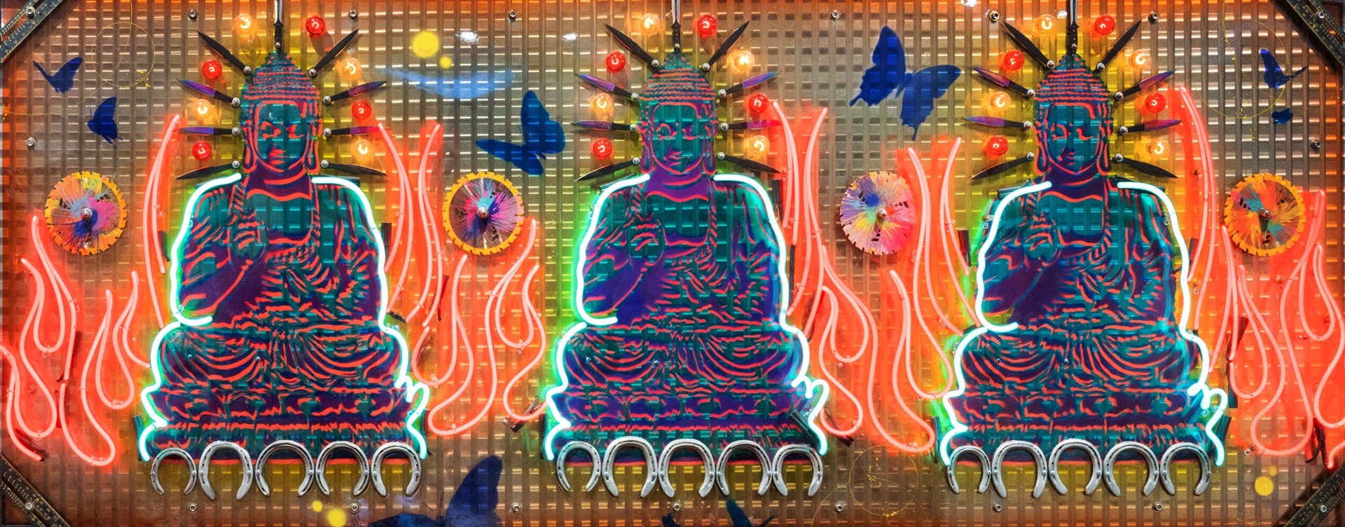 Peaceful Buddha with throwing knives Neon by Risk