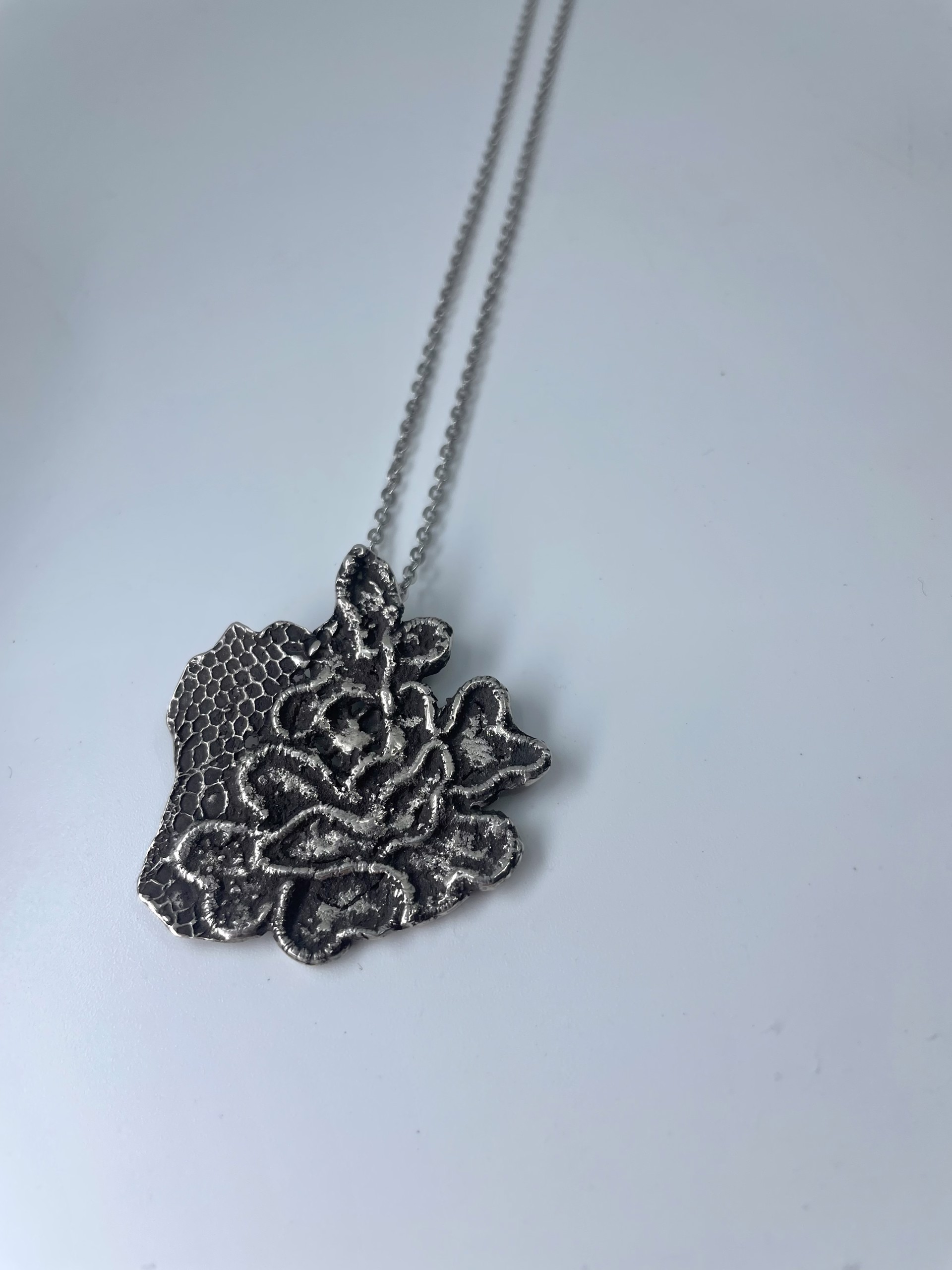 SS Lace Rose Flower Pendant on Platinum Plated Cable Chain by Beth Benowich