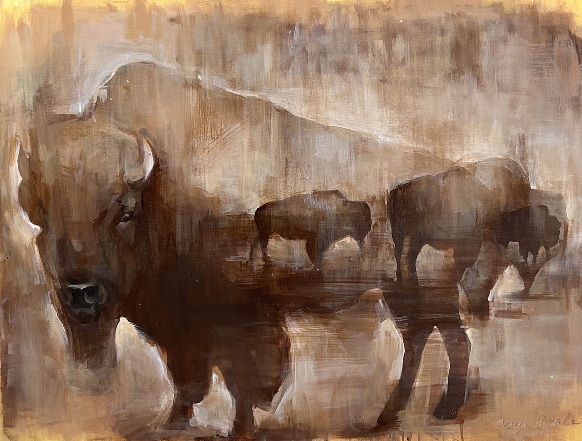 Original Acrylic Painting By Taryn Boals Featuring Transparent Overlays Of Bison Silhouettes In A Warm Neutral Color Palette 