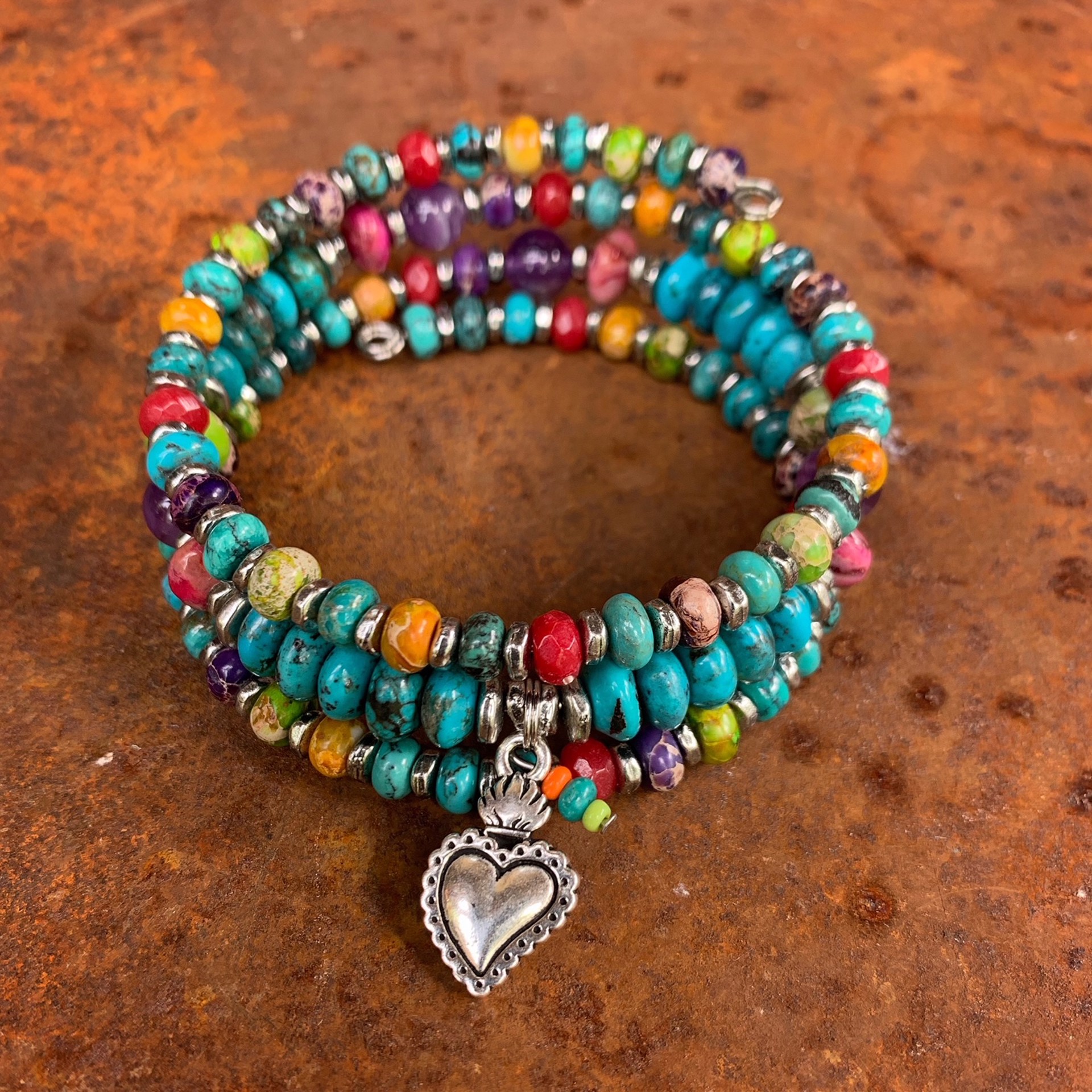 K842 Turquoise and Jasper Sacred Heart Charm Bracelet by Kelly Ormsby