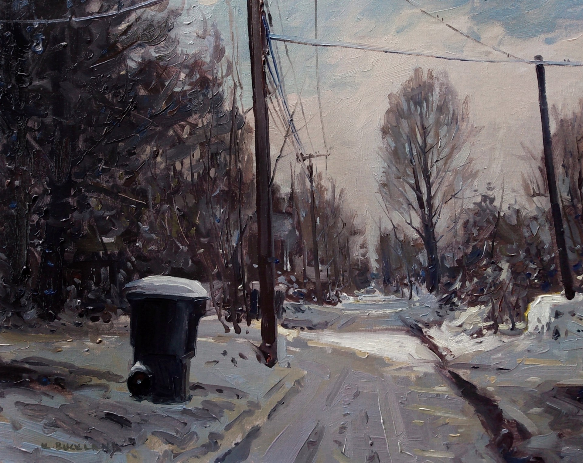 "Snow in the Alley" original oil painting by Kyle Buckland