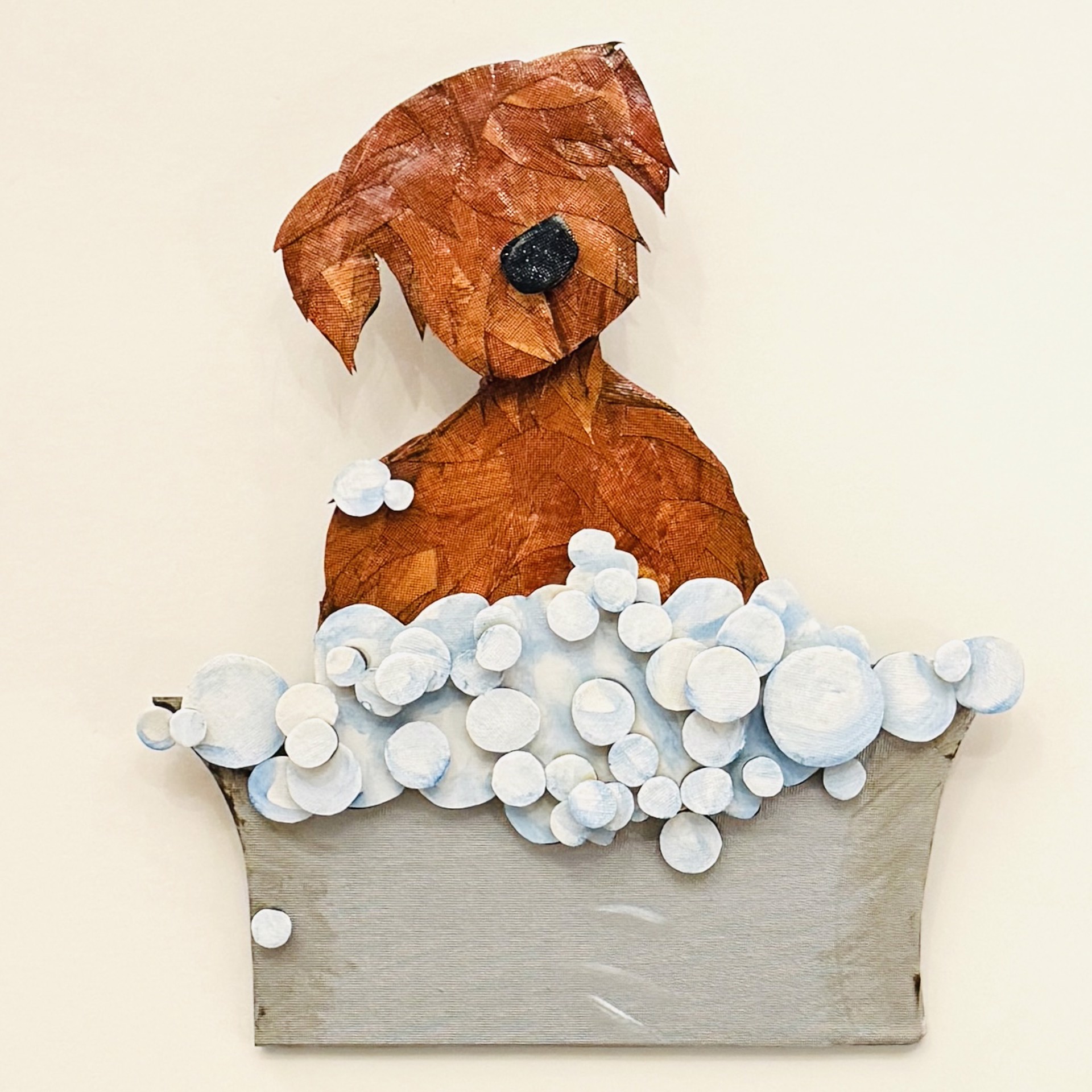 3D Red Pup in Bubble Bath Wall Sculpture RC23-02 by Robin Cooper