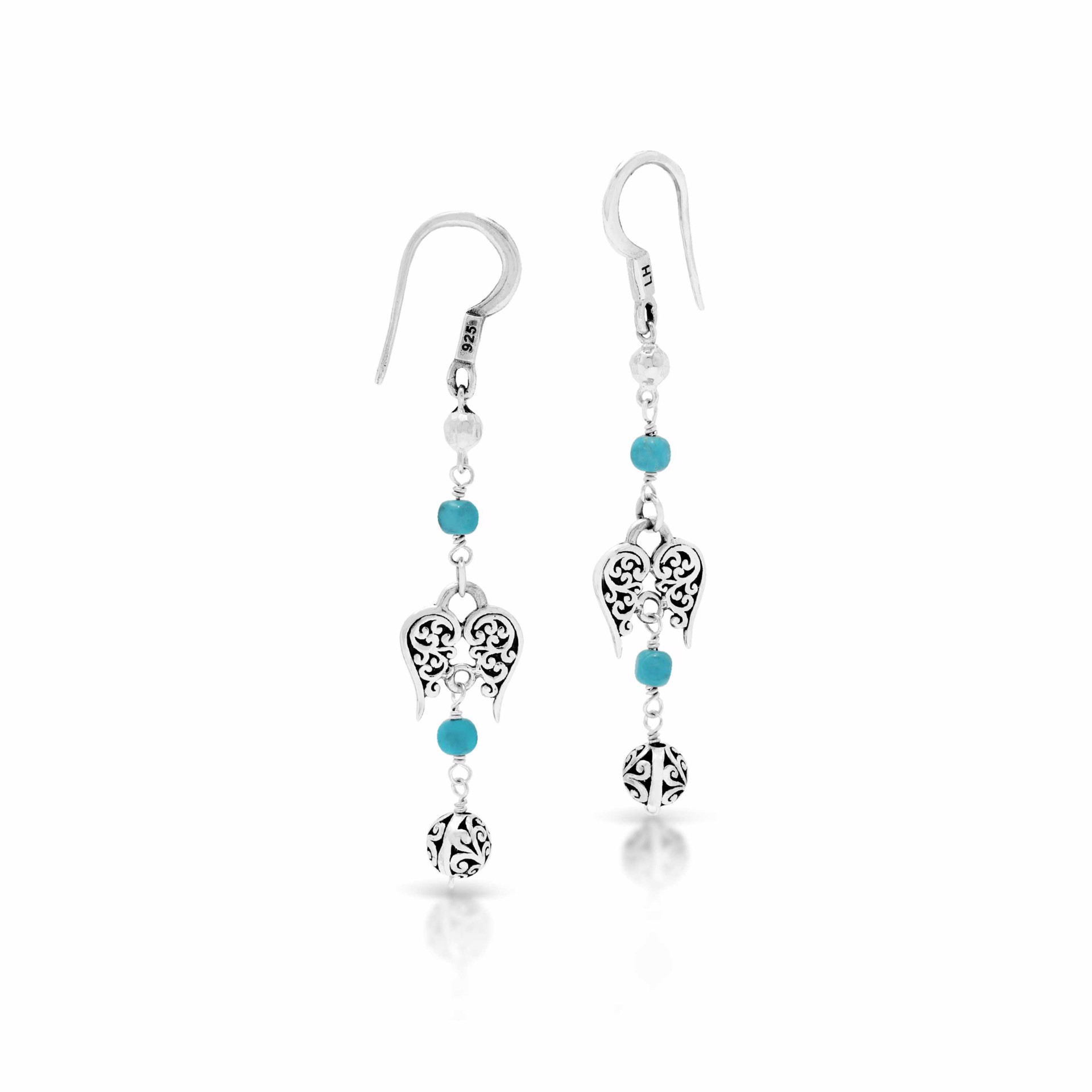 9702 Sterling Silver Drop Earrings with Signature Scroll Pattern and Angel Wings with Turquoise Beads by Lois Hill