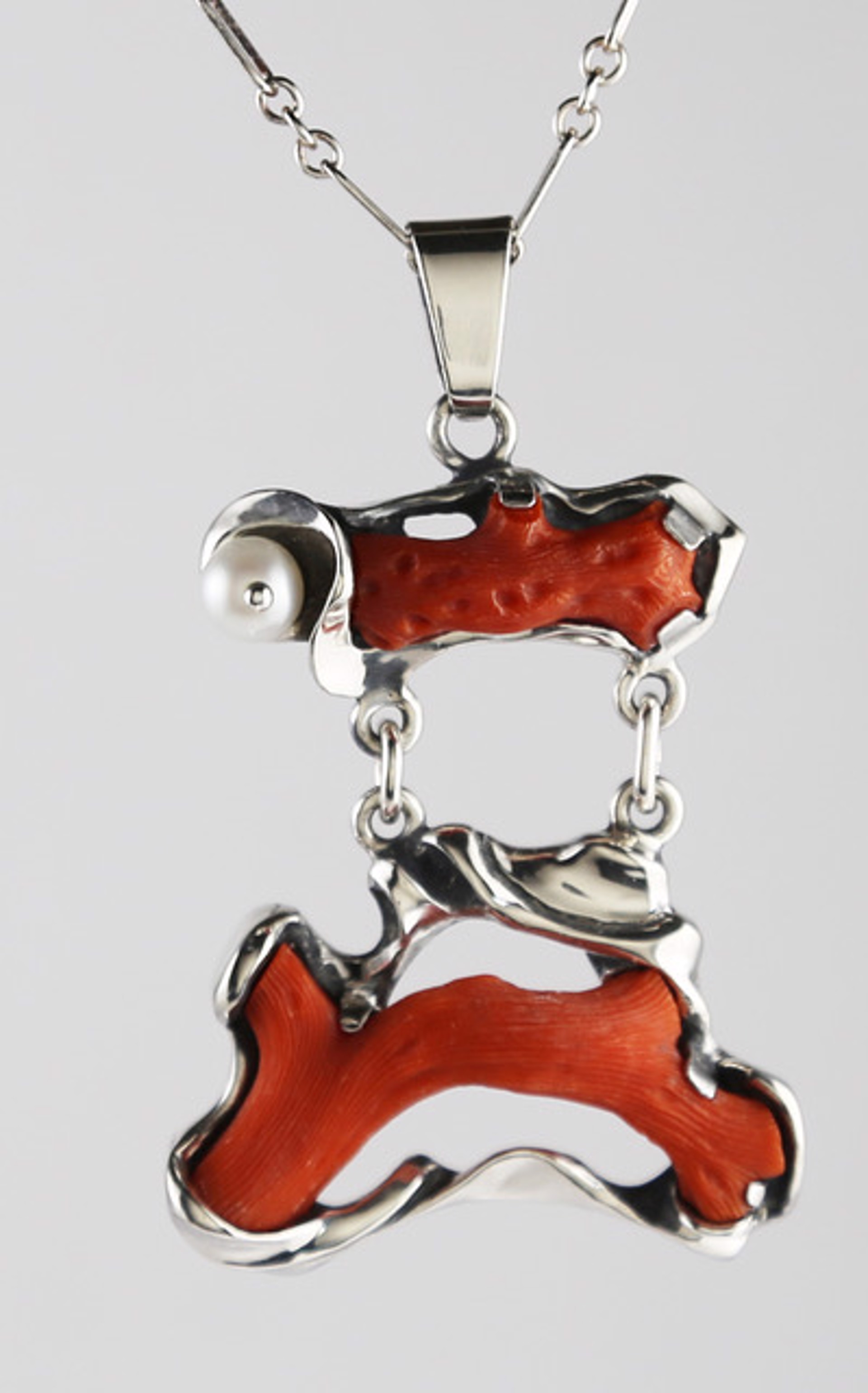 Pendant - Natural Red Coral With Pearl In Sterling Silver #228 by Ken and Barbara Newman