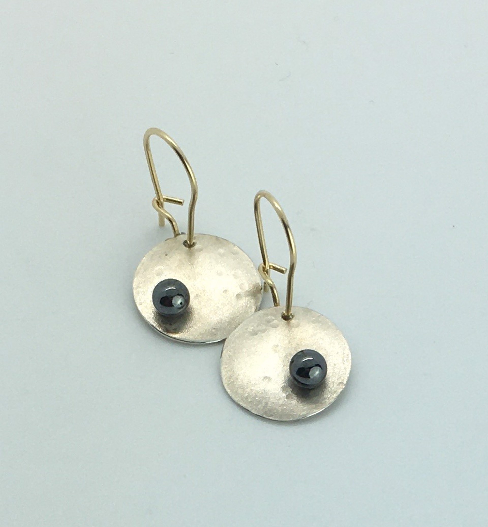 "Black Hole" Reversible 1/2" Sterling Drops with 4mm Hematite ~ 14k Solid Gold Earwires by Celest Michelotti