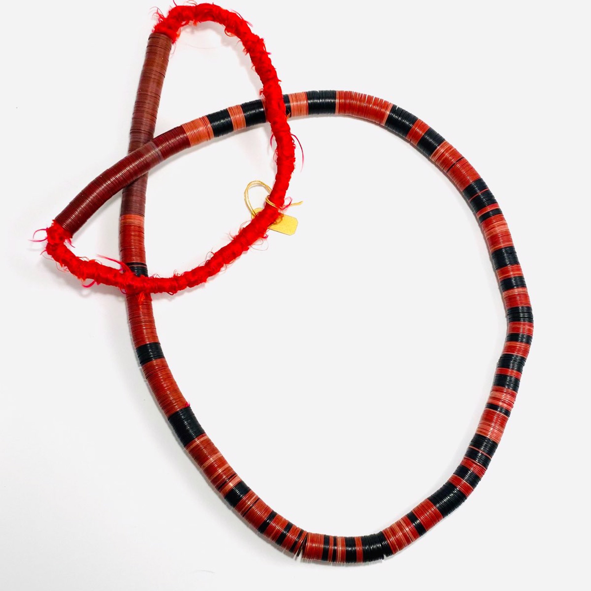 Red Silk Wrap Stacked Black and Red Rubber Disc Necklace by Soteria