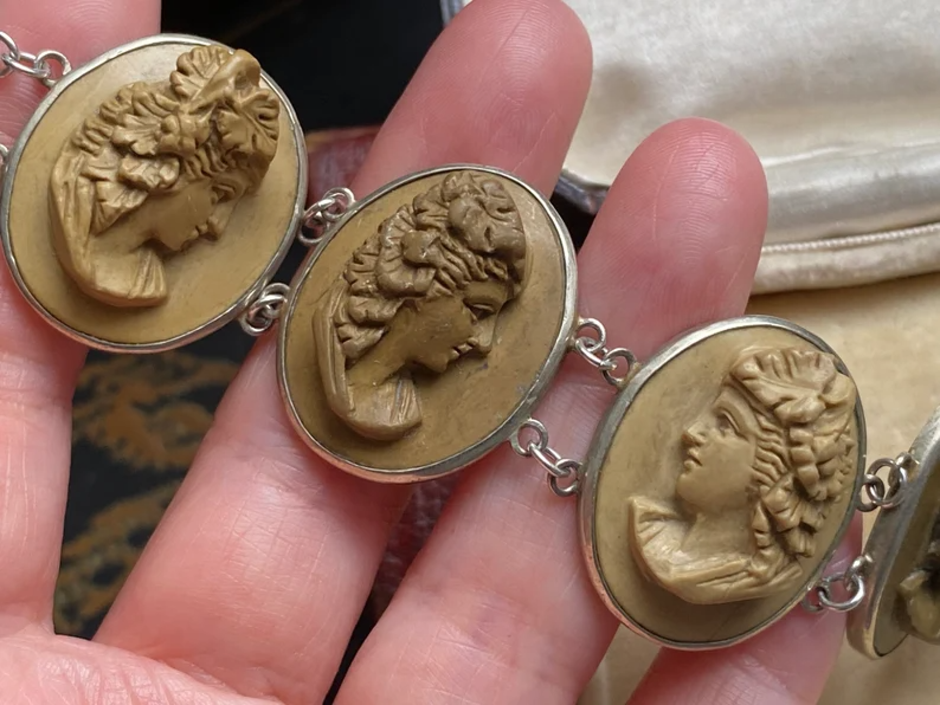 Antique Victorian large high relief multi-goddess bust specimen carved lava cameo bracelet by Cameo