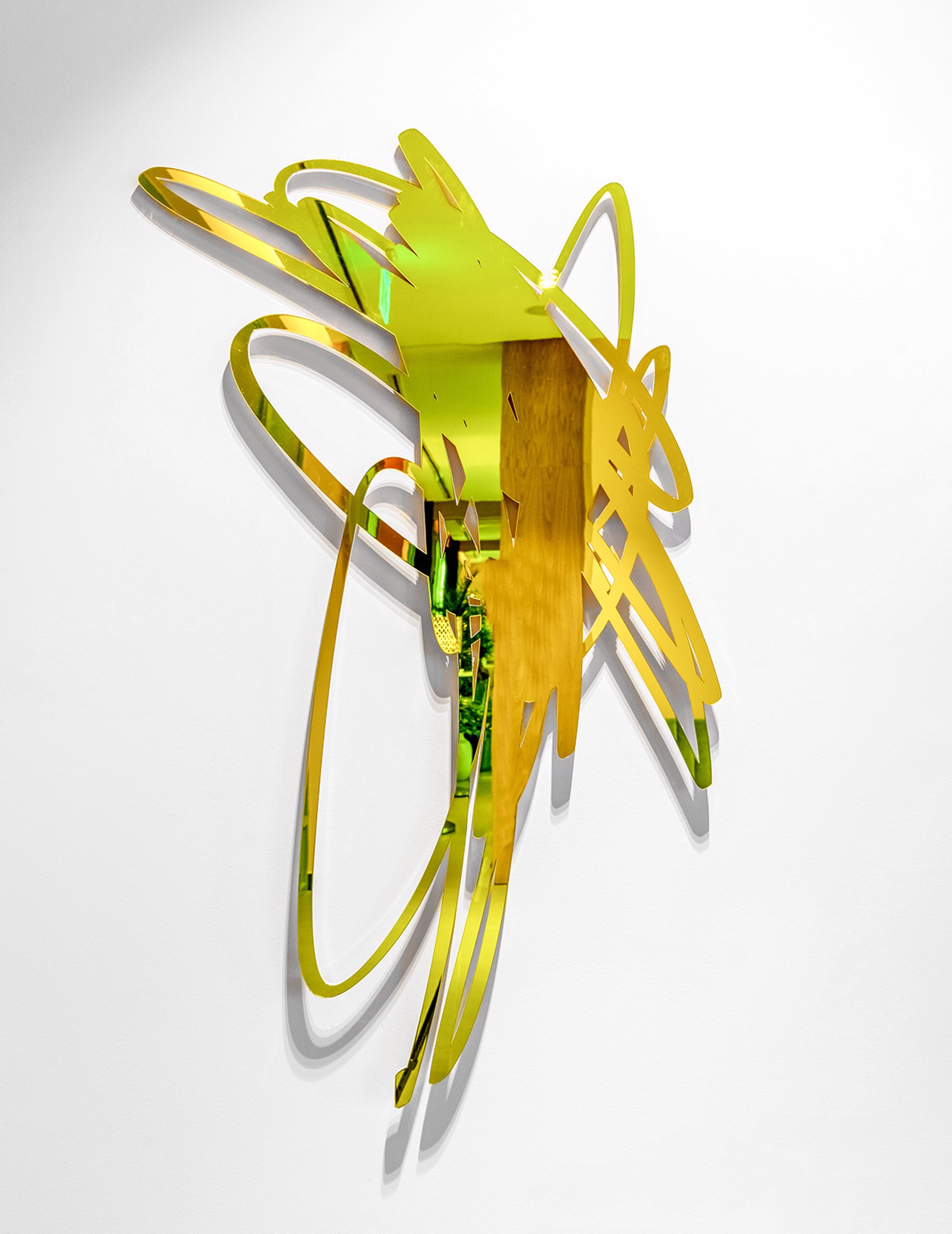 Edge of Chaos, Scribble Wall Sculpture, Yellow, Laser cut mirrored acrylic by Ryan Coleman