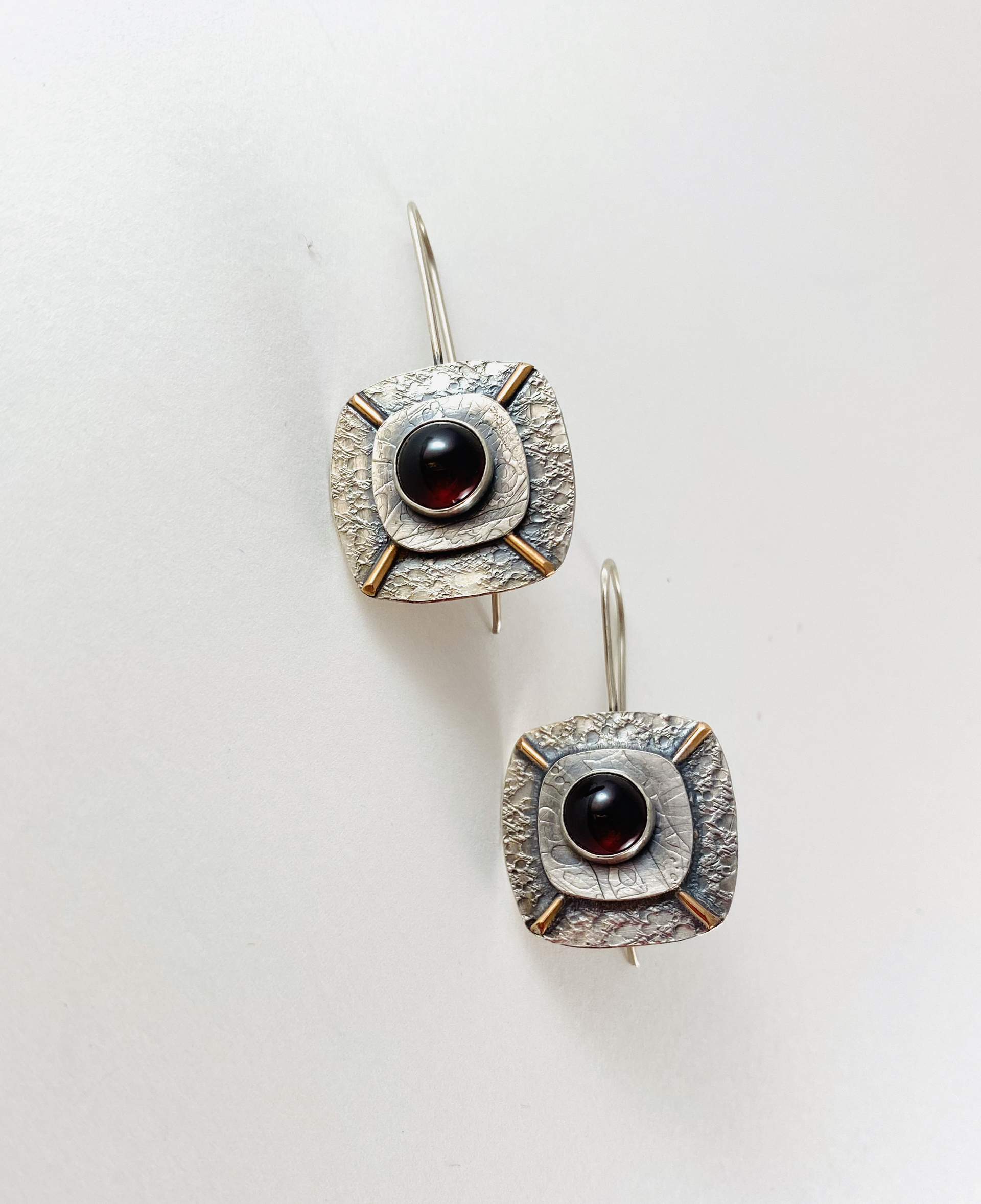 Hand Stamped Sterling Garnet Cabochon Earrings AB20-10 by Anne Bivens