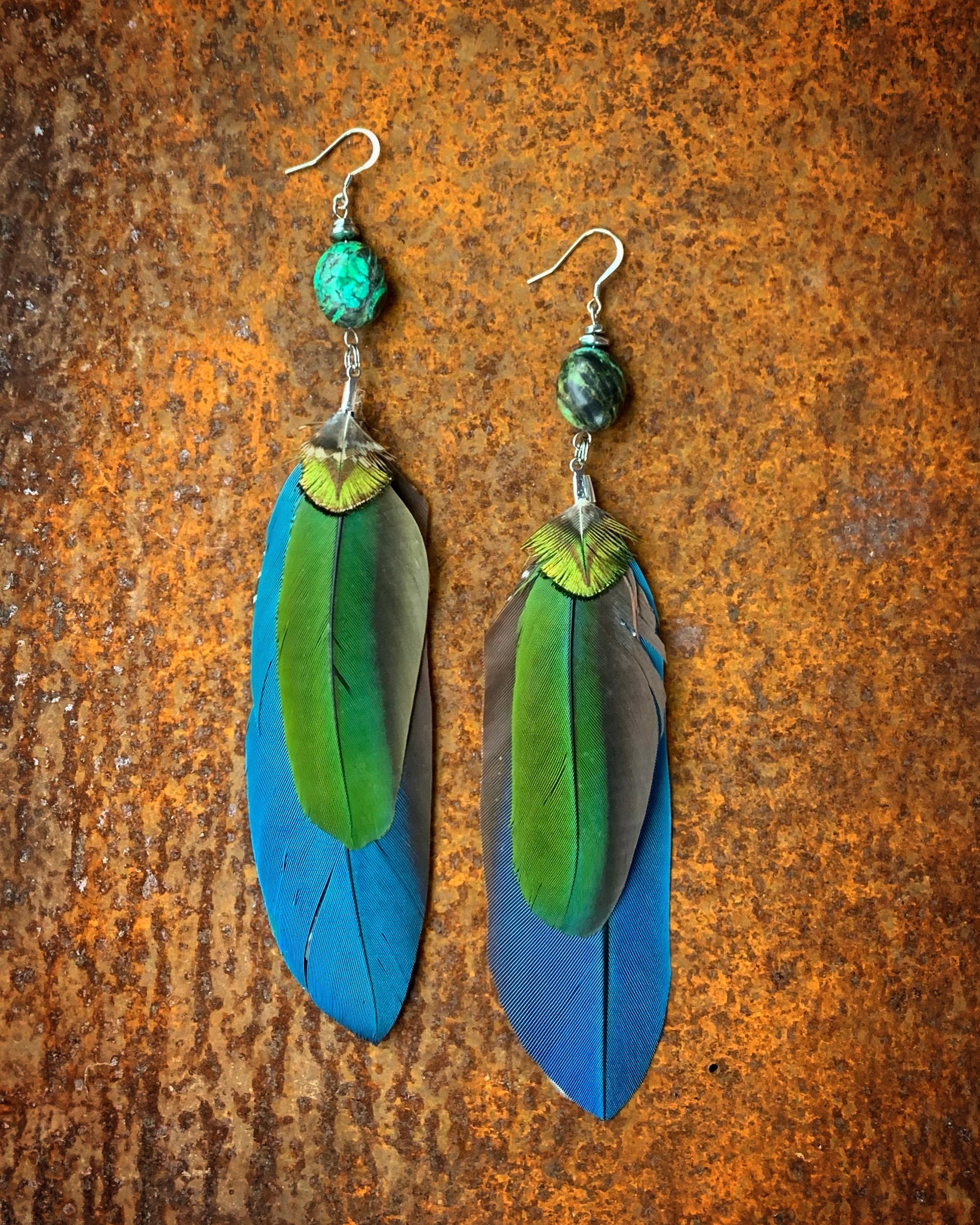 K595 Blue and Green Parrot Earrings by Kelly Ormsby