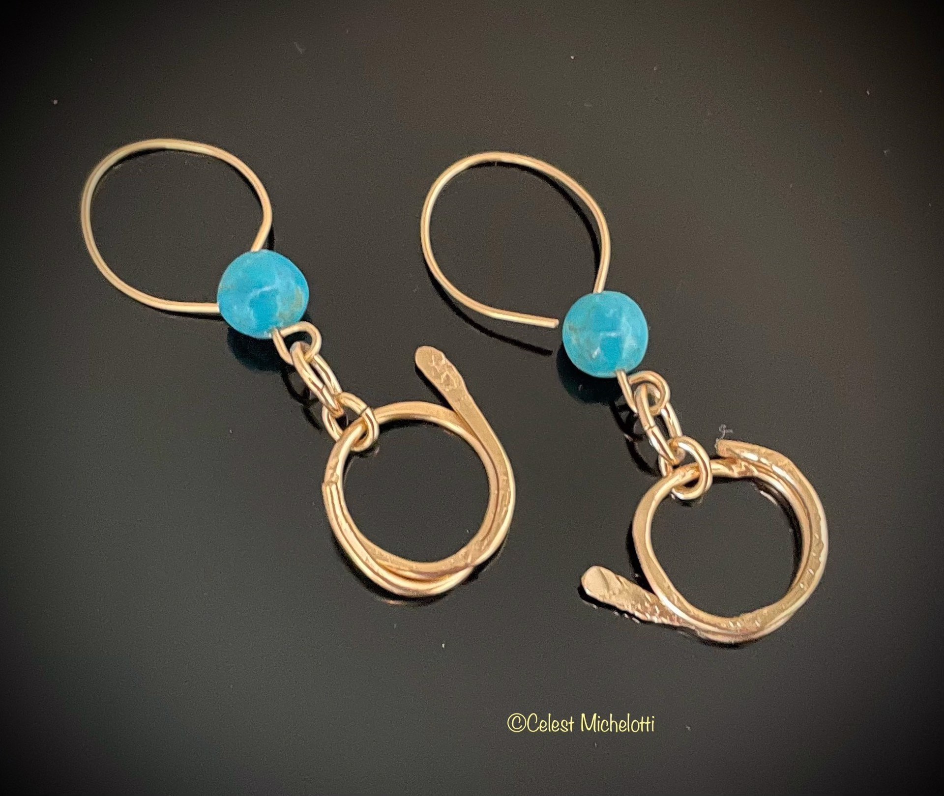 Soft Spirals Earrings, Kingman AZ Blue Turquoise, on Earwires.75 in.,14 K Gold Filled  Spiral Drop by Celest Michelotti