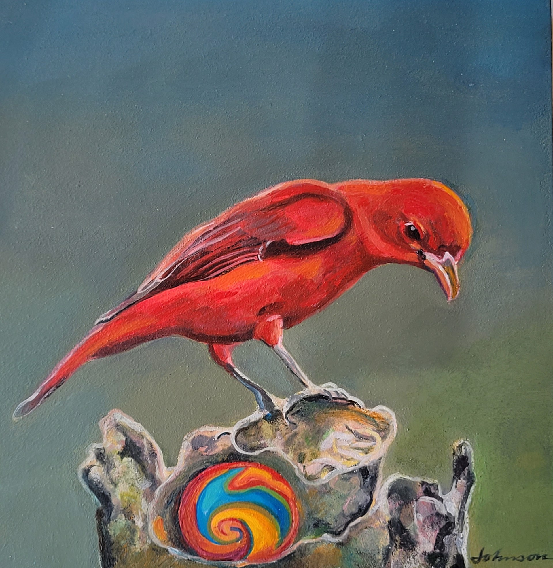 Tanager with Marble (Red Bird) by Nancy Johnson