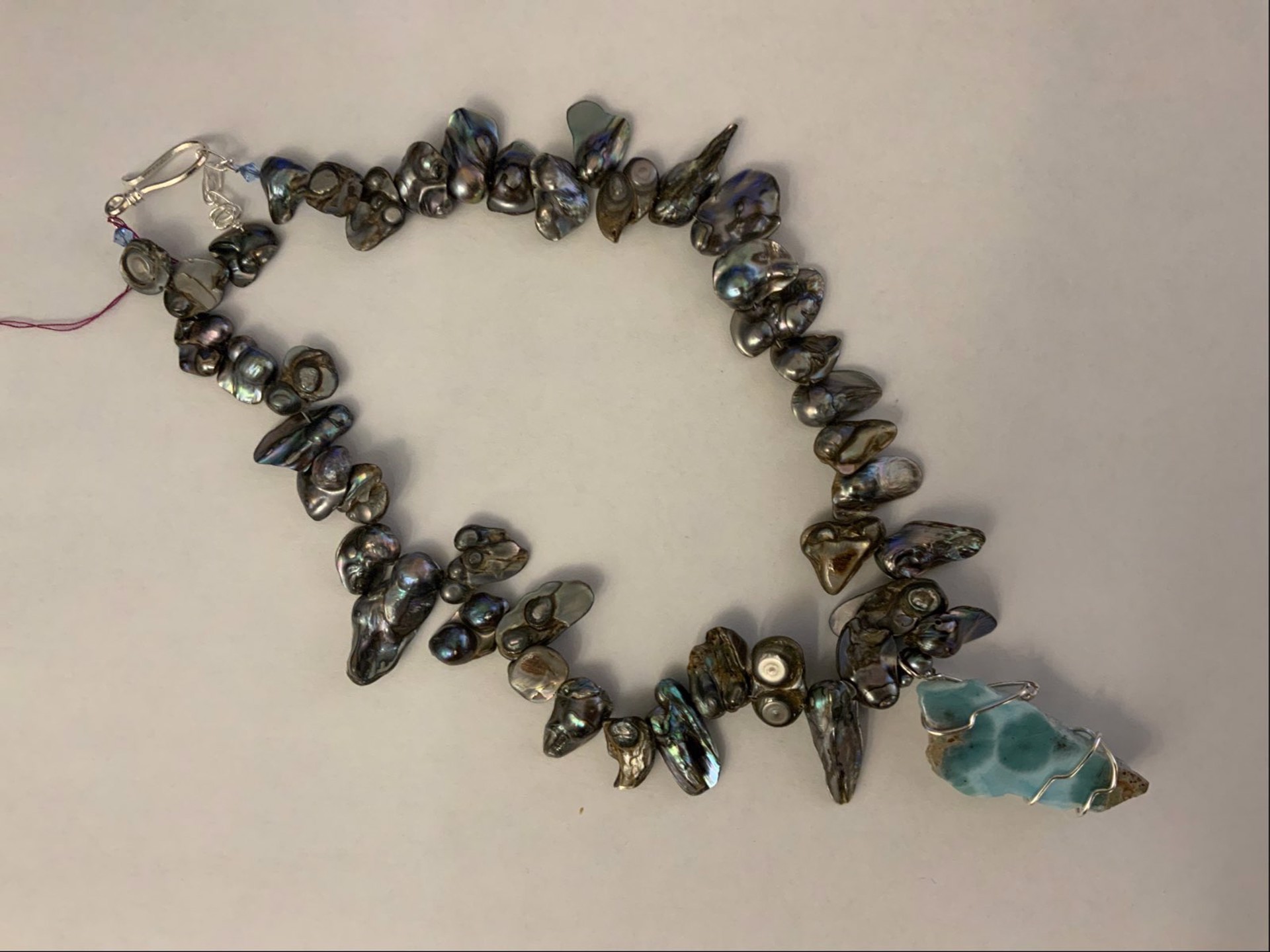 Larimar And Black Mother Of Pearl Necklace by Margie Sone