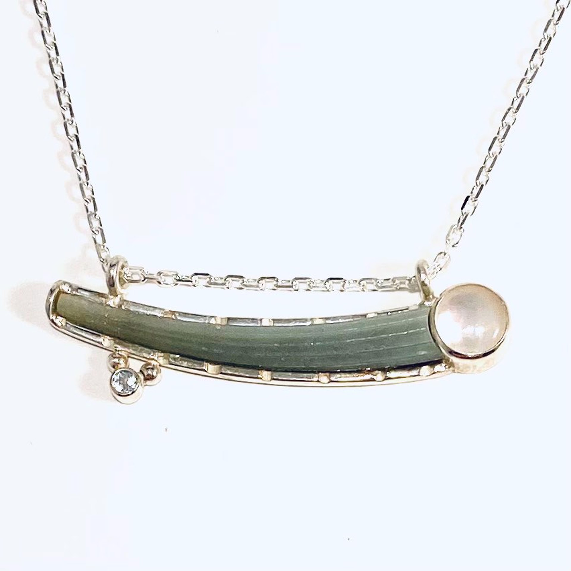 BU22-18 Tusk Shell Mother of Pearl Swiss Blue Topaz Pendant on 18" Adjustable Silver Chain Necklace by Barbara Umbel