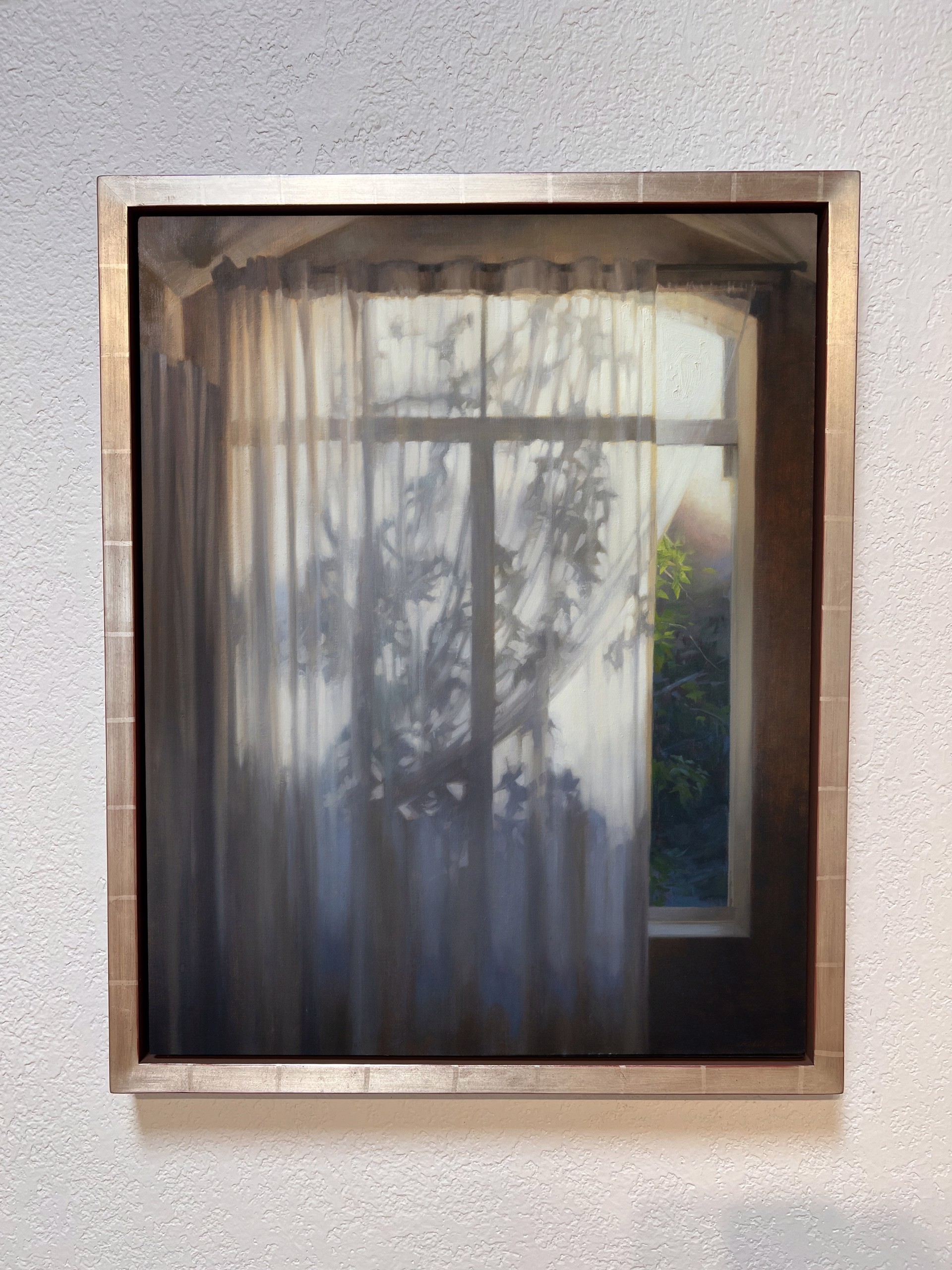 Oil painting "Beginnings" by Robin Cole depicting an interior view through sheer curtains, with trees and foliage visible outside.