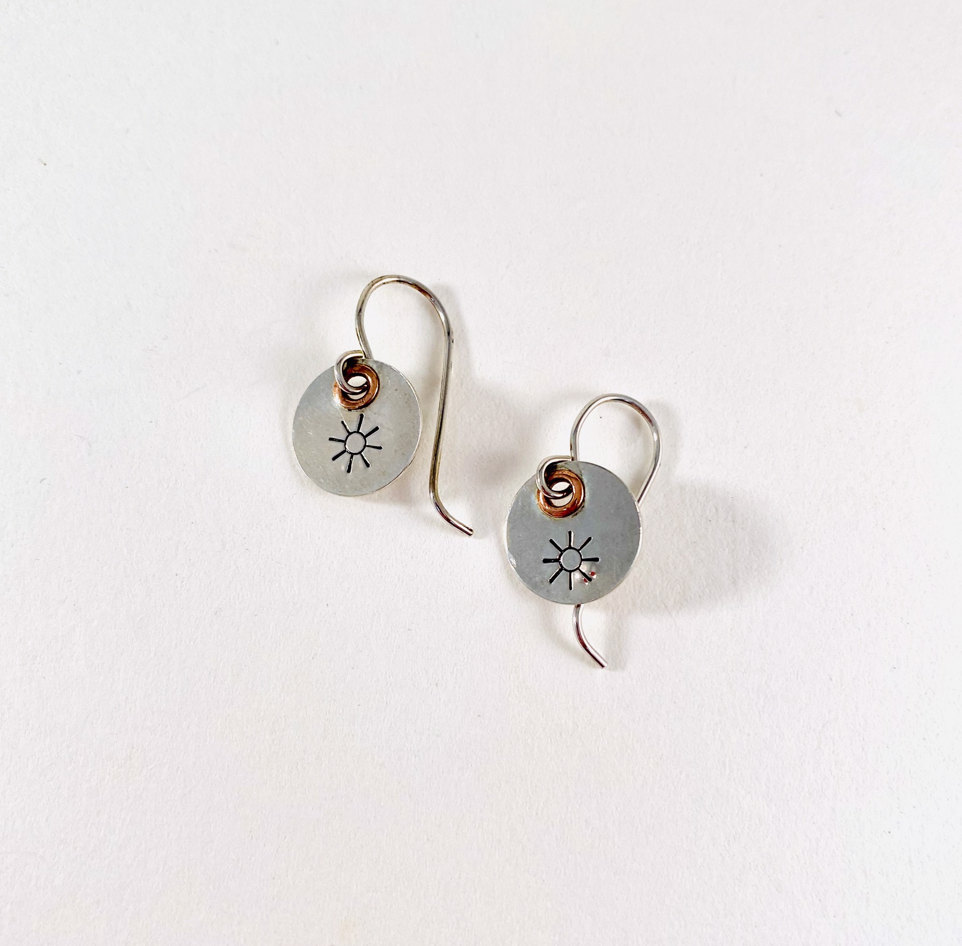 Silver Sunburst Stamp Earrings, copper accent #32 by Shelby Lee - jewelry