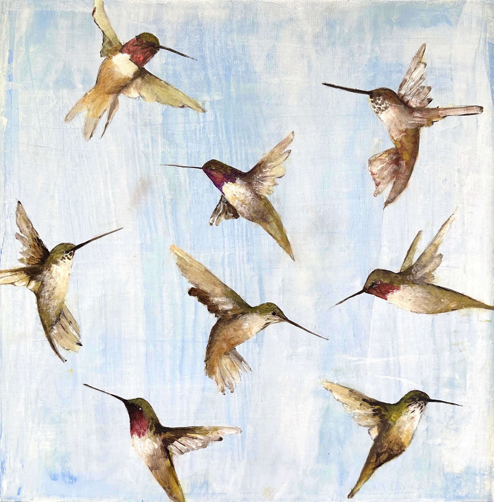 Original Oil Painting By Jenna Von Benedikt Featuring Hummingbirds On Abstract Blue Background
