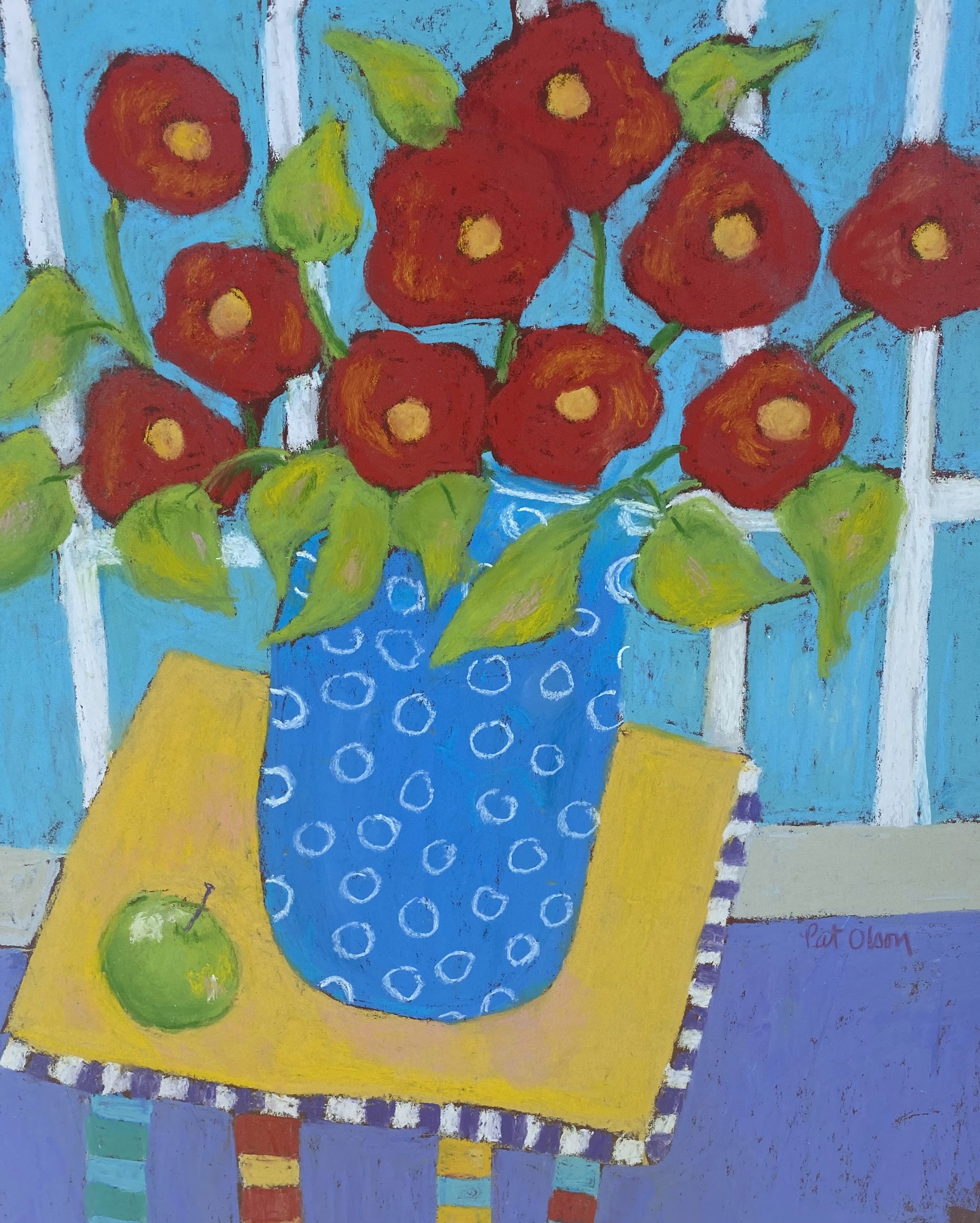 Red Poppies in Blue Vase on Yellow Table by Pat Olson