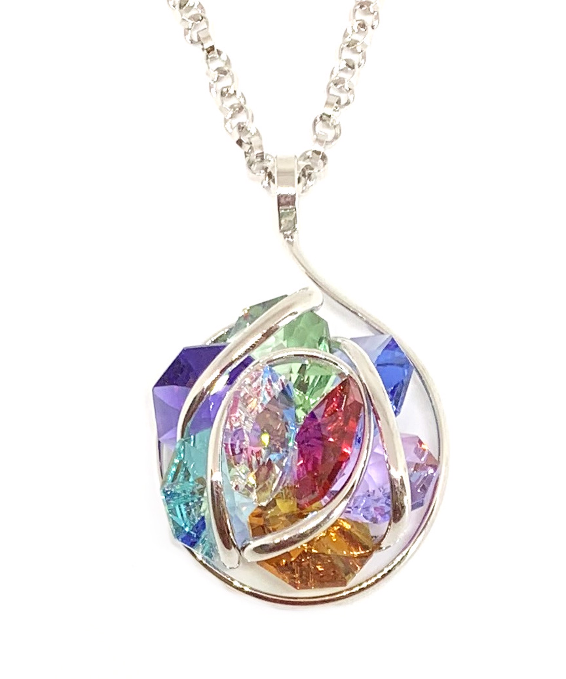Multi Colored Swarovski Crystal Cluster Pendant, Handmade & Triple Rhodium Plated by Monique Touber