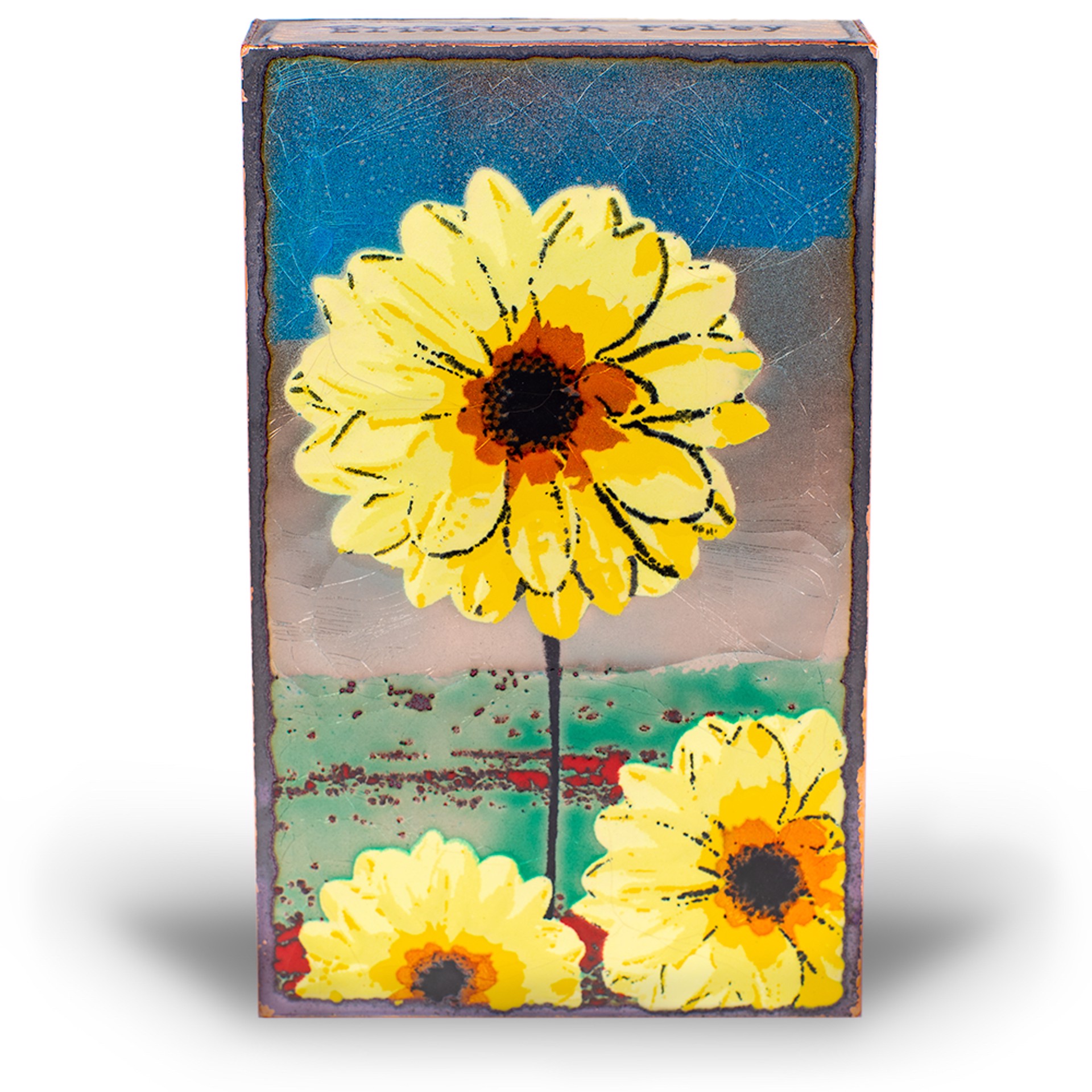 A Houston Llew Glass Fired To Copper Spiritile #248 Featuring Yellow Flowers And A Quote By Elisabeth Foley, Available At Gallery Wild