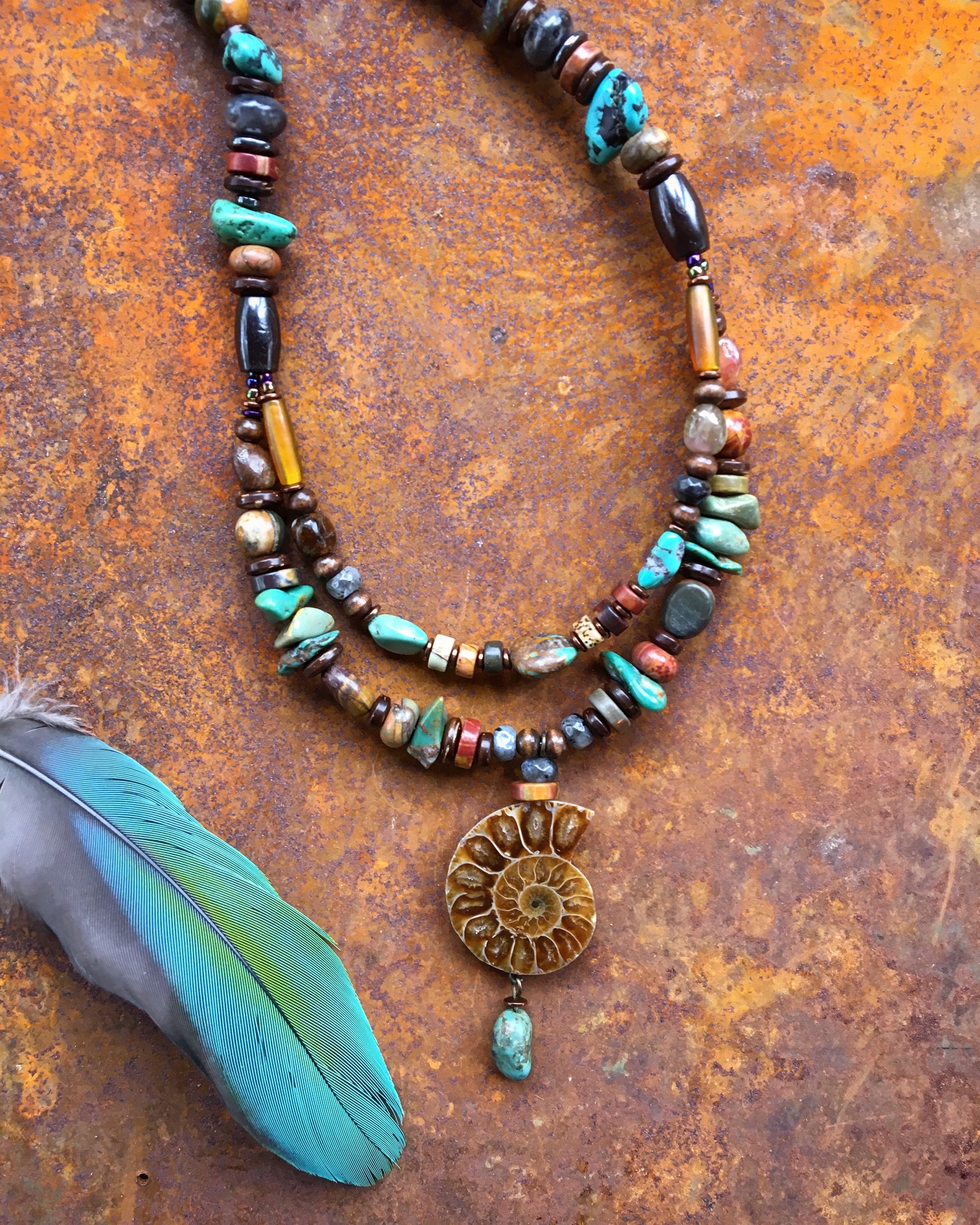 K380 Double Strand Ammonite Necklace with Turquoise Stone by Kelly Ormsby