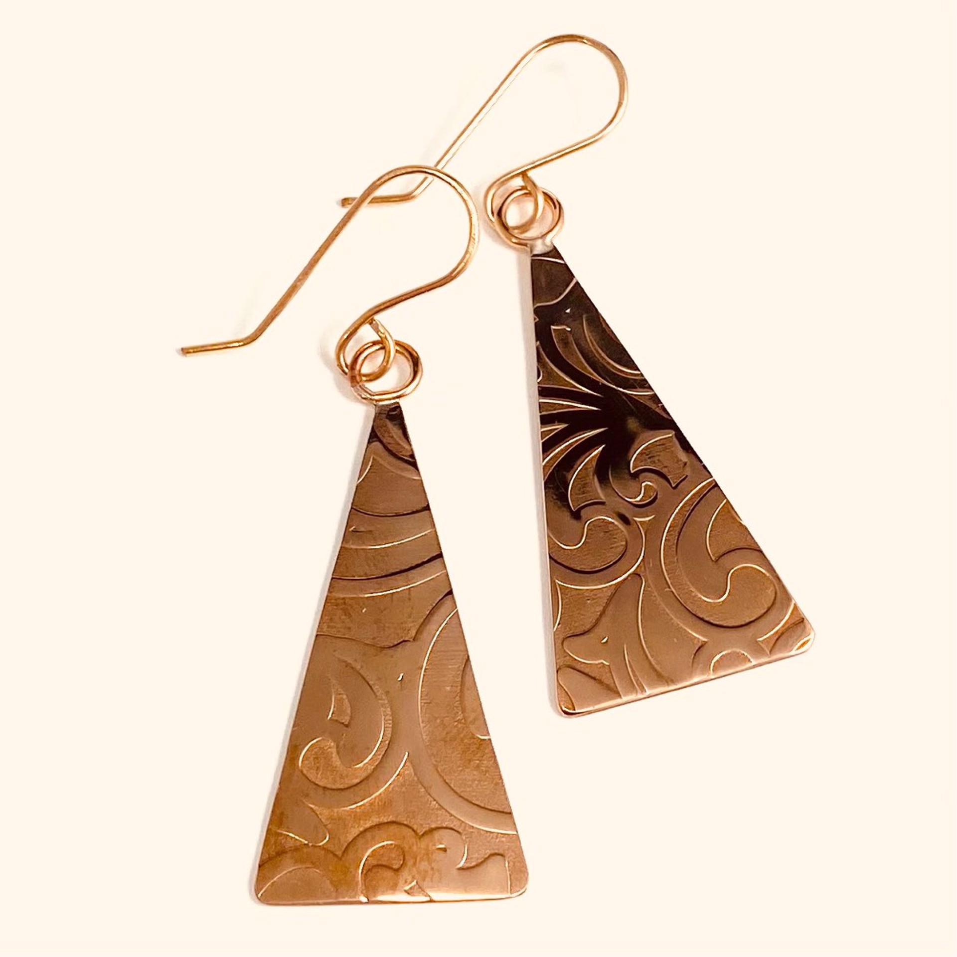 Bronze Triangle with Stamped Design Earrings by Anne Bivens