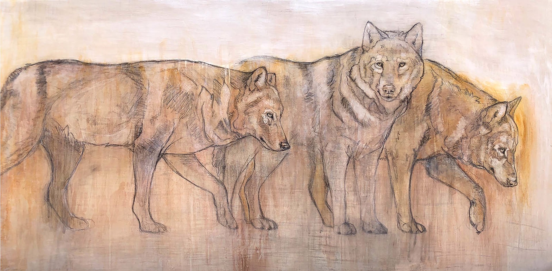 Original Mixed Media Painting Of Three Wolves Sketched Over Neutral Background