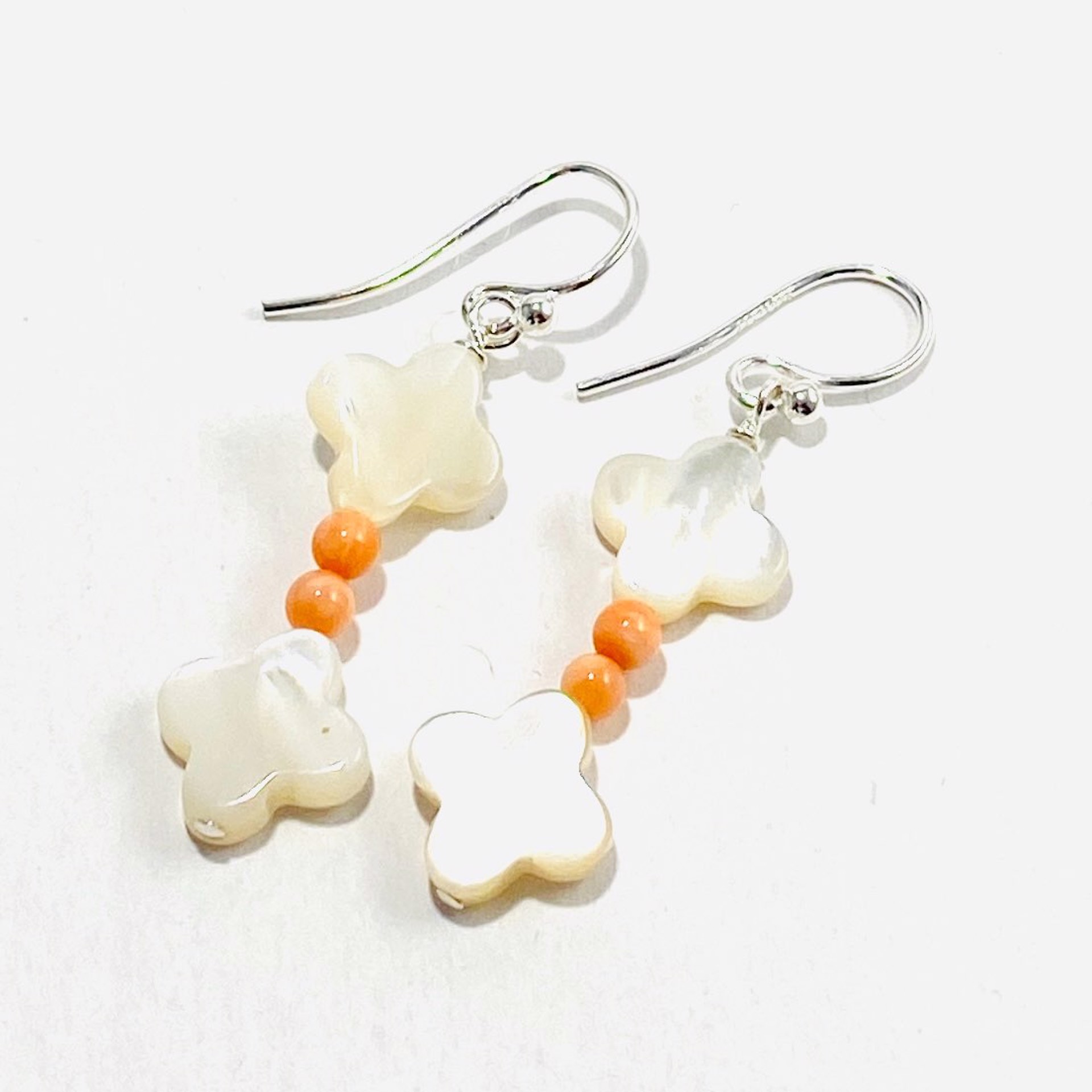 NT22-244 Mother Of Pearl Clover Coral Earrings by Nance Trueworthy