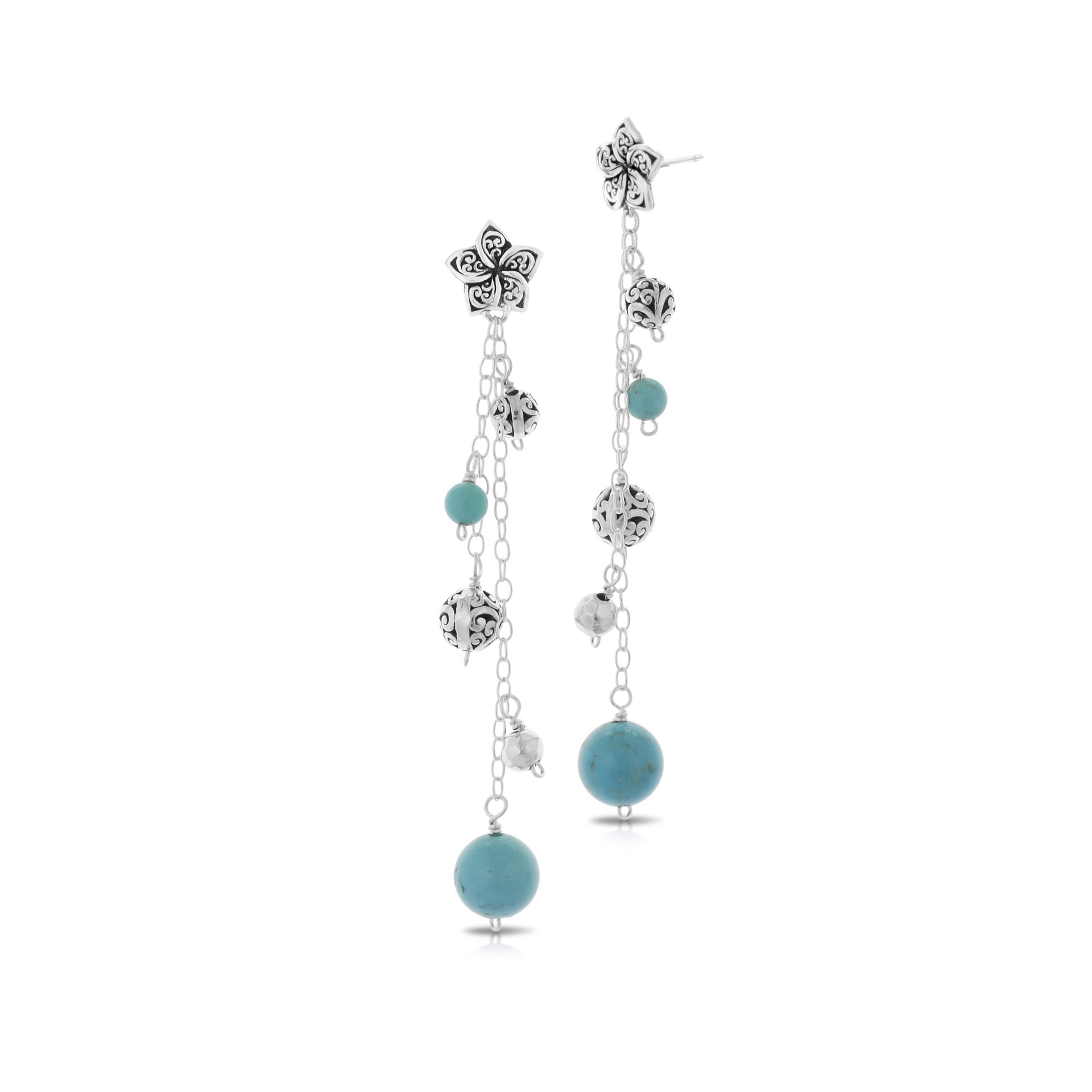 9708 Multi-Layer Blue Turquoise Earrings and LH Scroll Beads Dangle Earrings on Flower Posts by Lois Hill