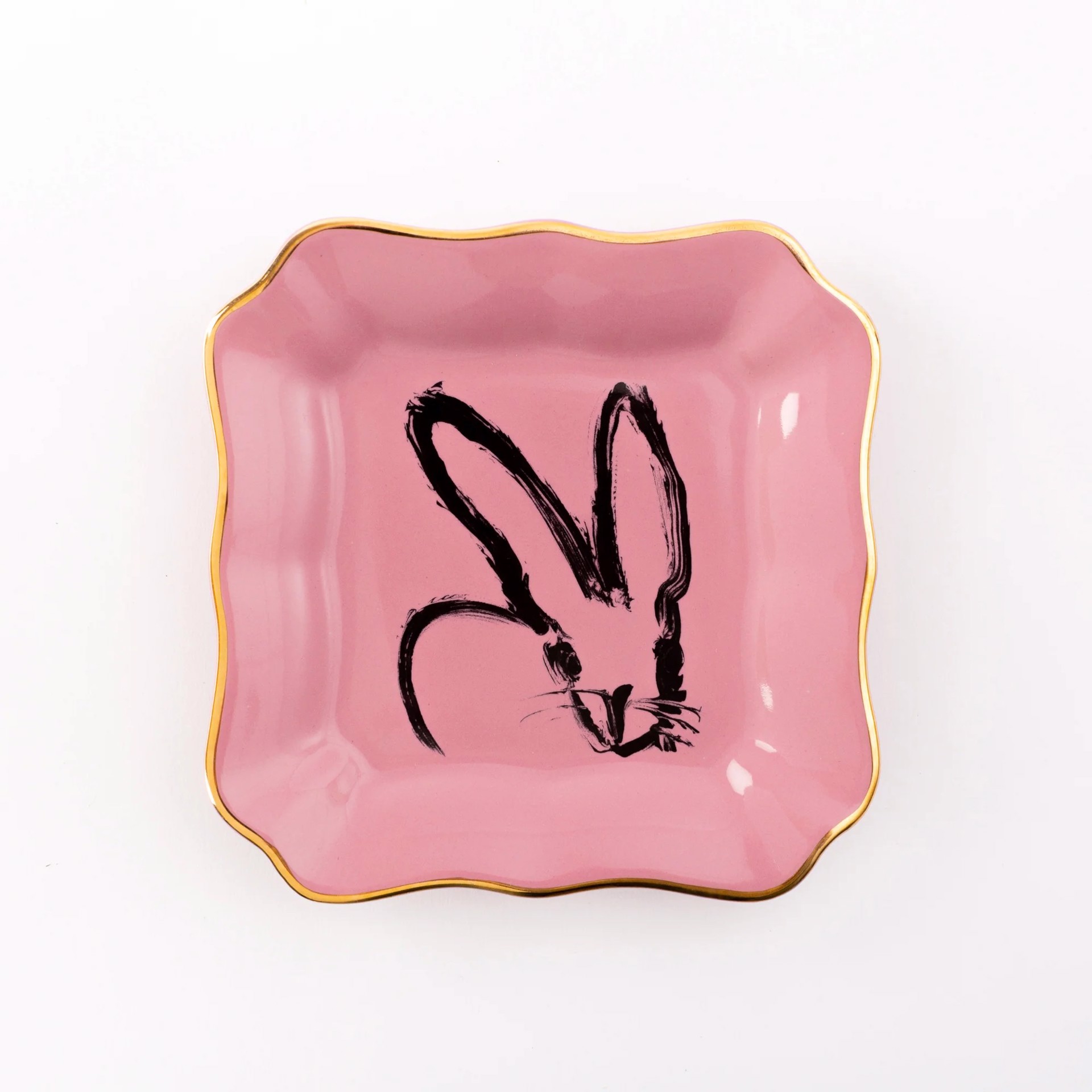 Bunny Portrait Plate - Pink with Hand Painted Gold Rim by Hunt Slonem (Hop Up Shop)