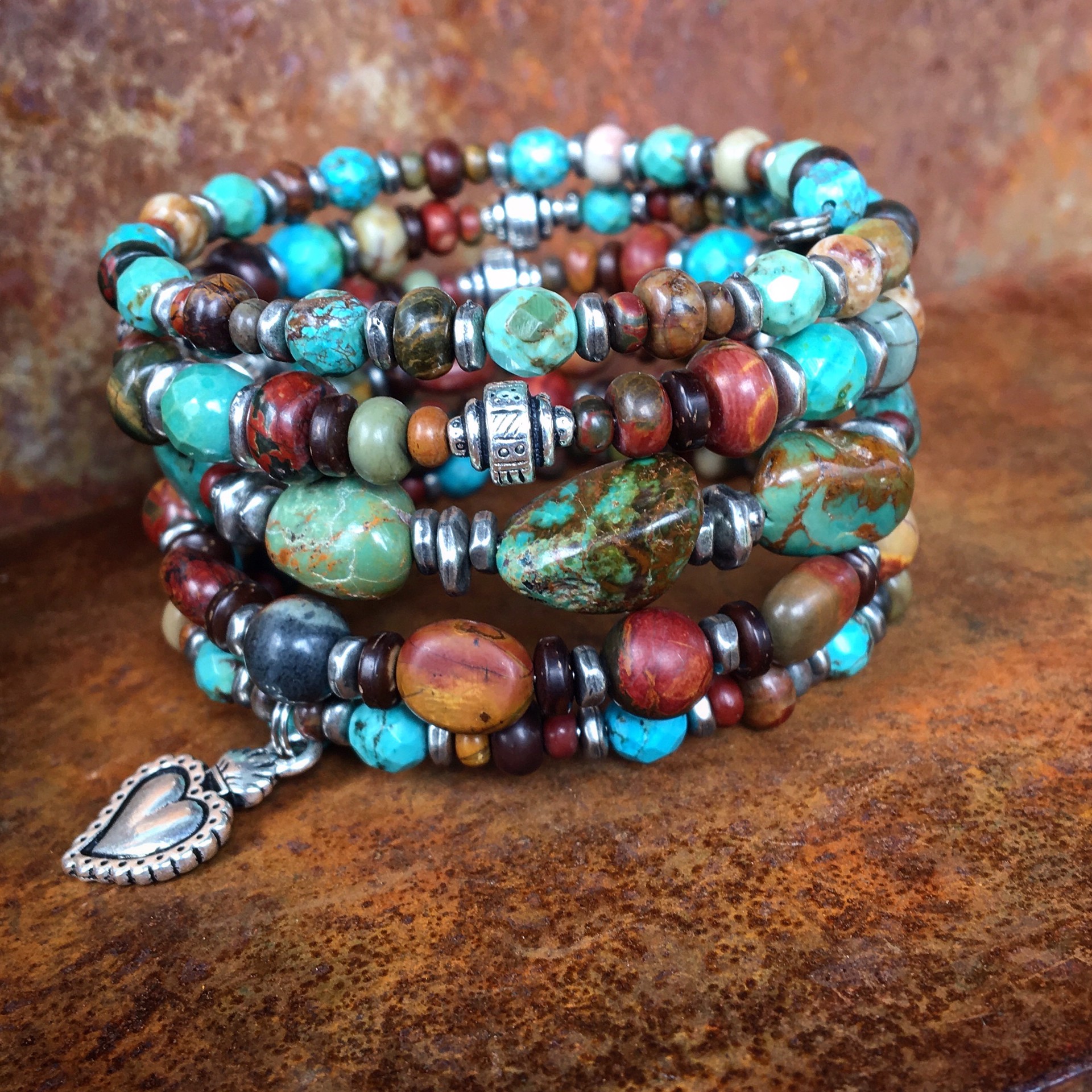 K339 Blue Green Turquoise and Jasper 5 Wrap Bracelet by Kelly Ormsby