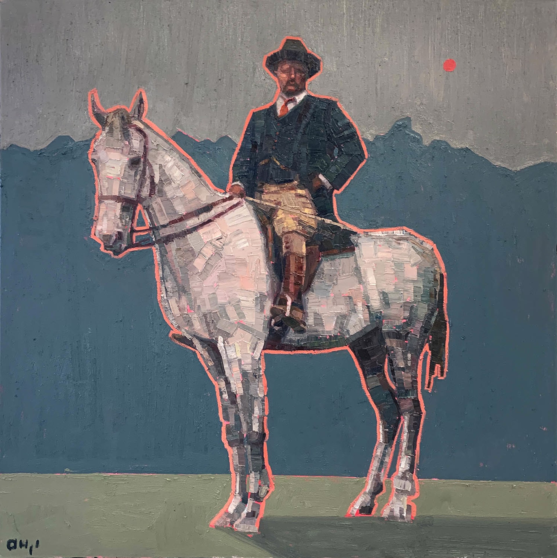 Original Oil Painting By Aaron Hazel Featuring Teddy Roosevelt On Horseback With Mountain Range Silhouette In The Background