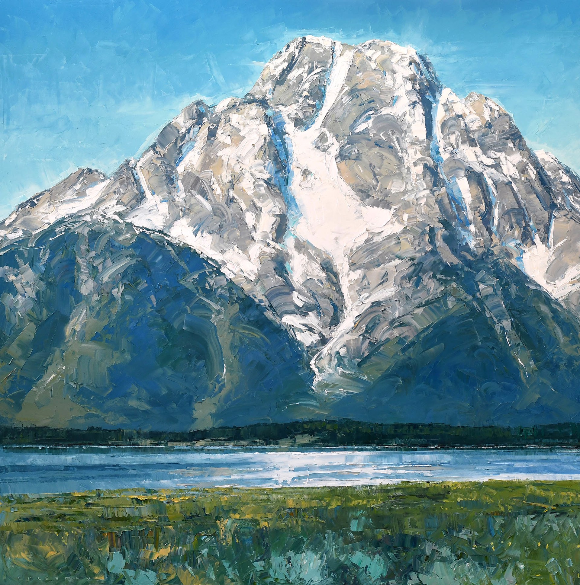 Original Oil Painting Featuring A Snow Covered Mountain across A Lake