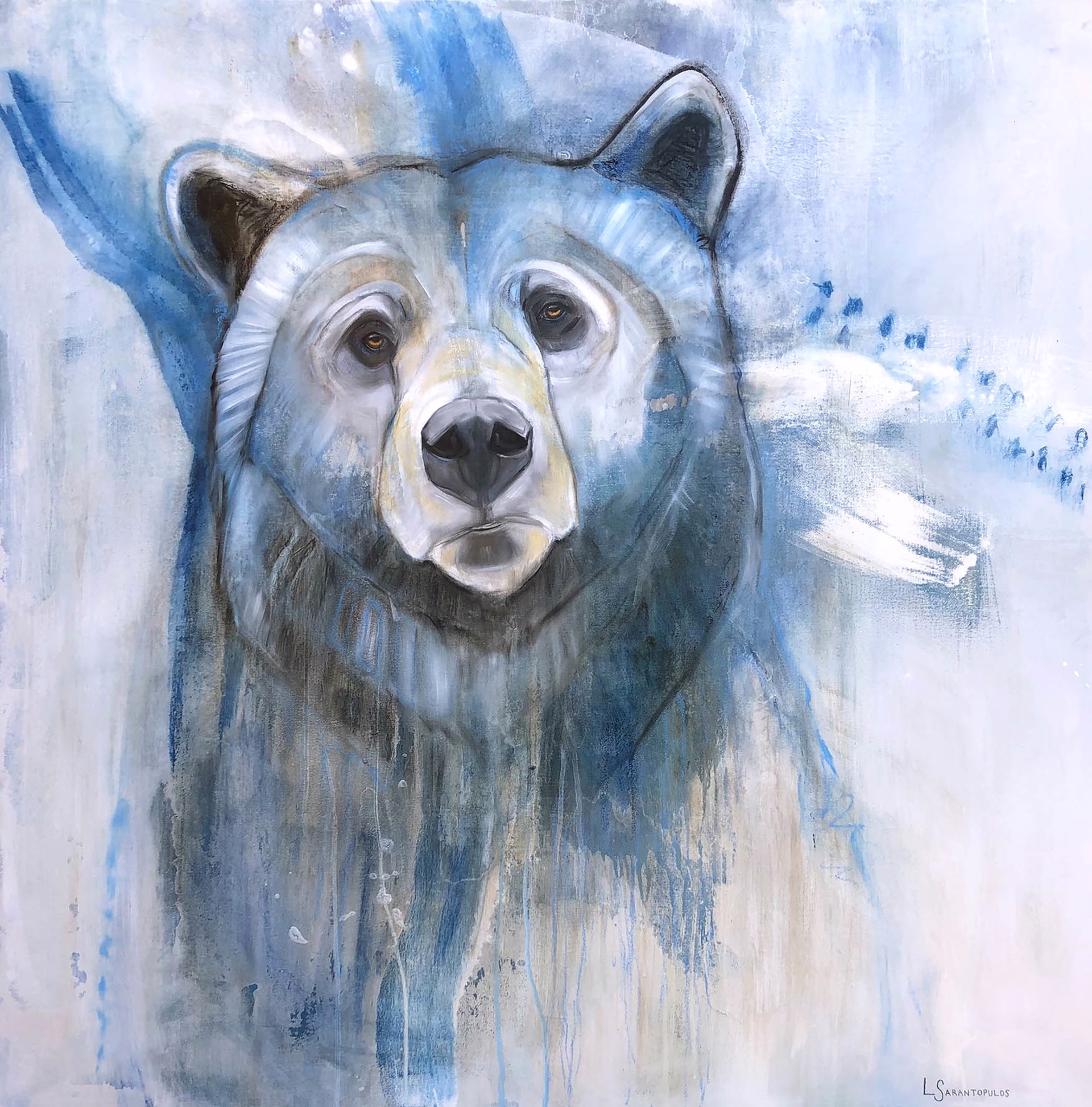 Original Mixed Media Painting Featuring  A Bear Head Fading Into Abstract Background In Blues and Grey