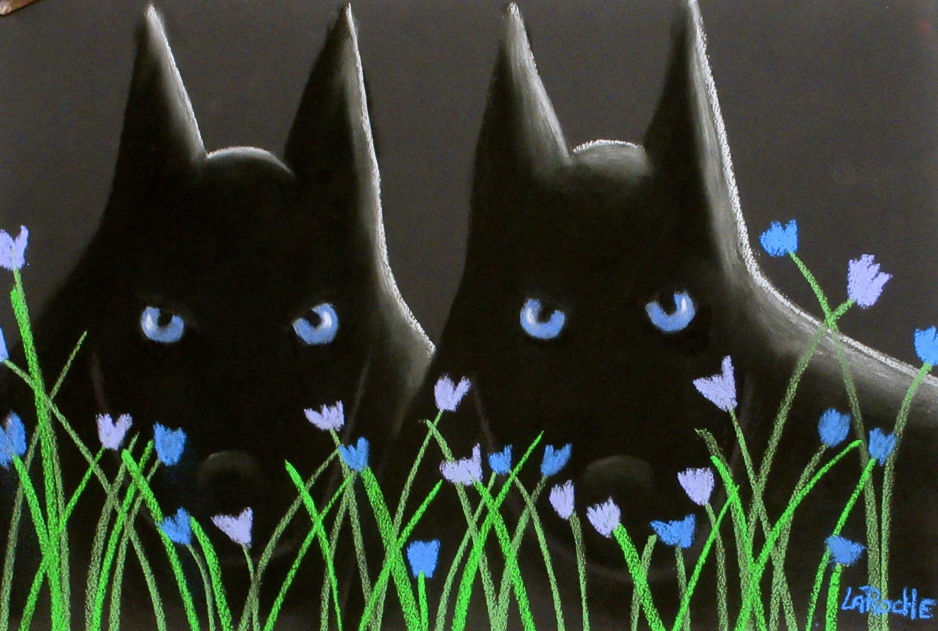 Two Black Wolves in Purple Flowers by Carole LaRoche