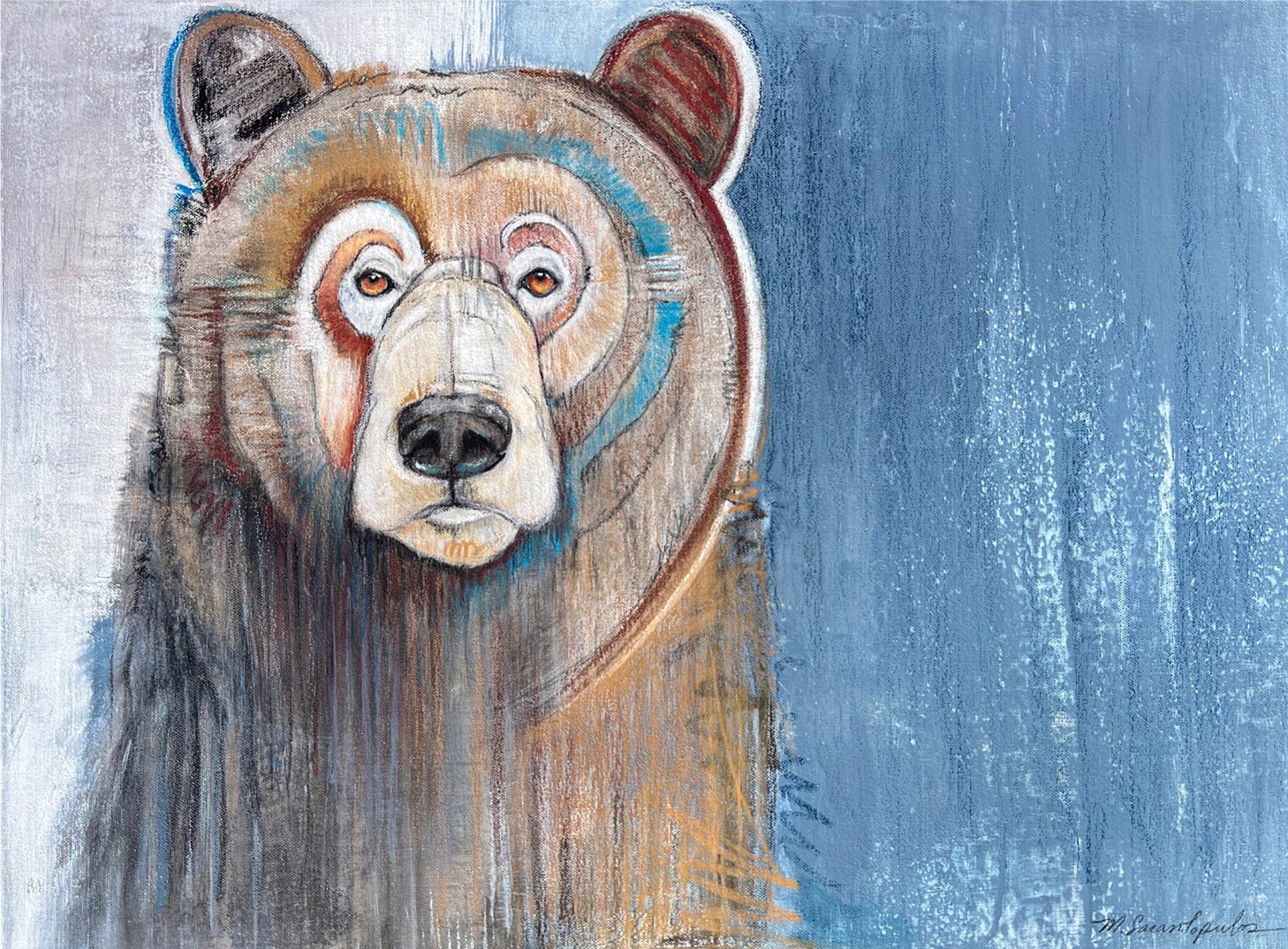 Original Mixed Media Artwork Featuring A Grizzly Bear Portrait Sketched On Top Of Abstract Blue Background