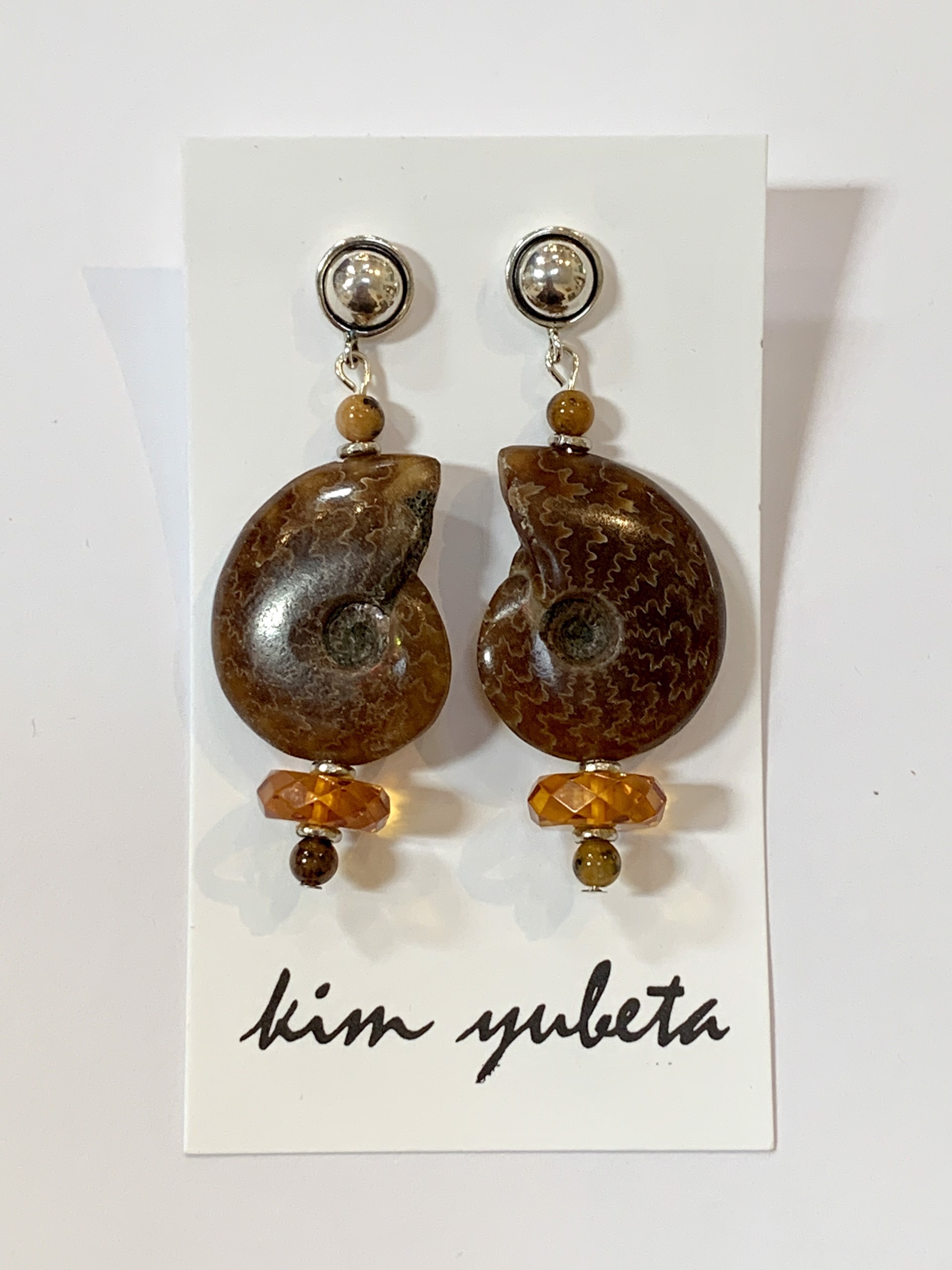 KY 1404 Ammonite and Amber Earrings by Kim Yubeta