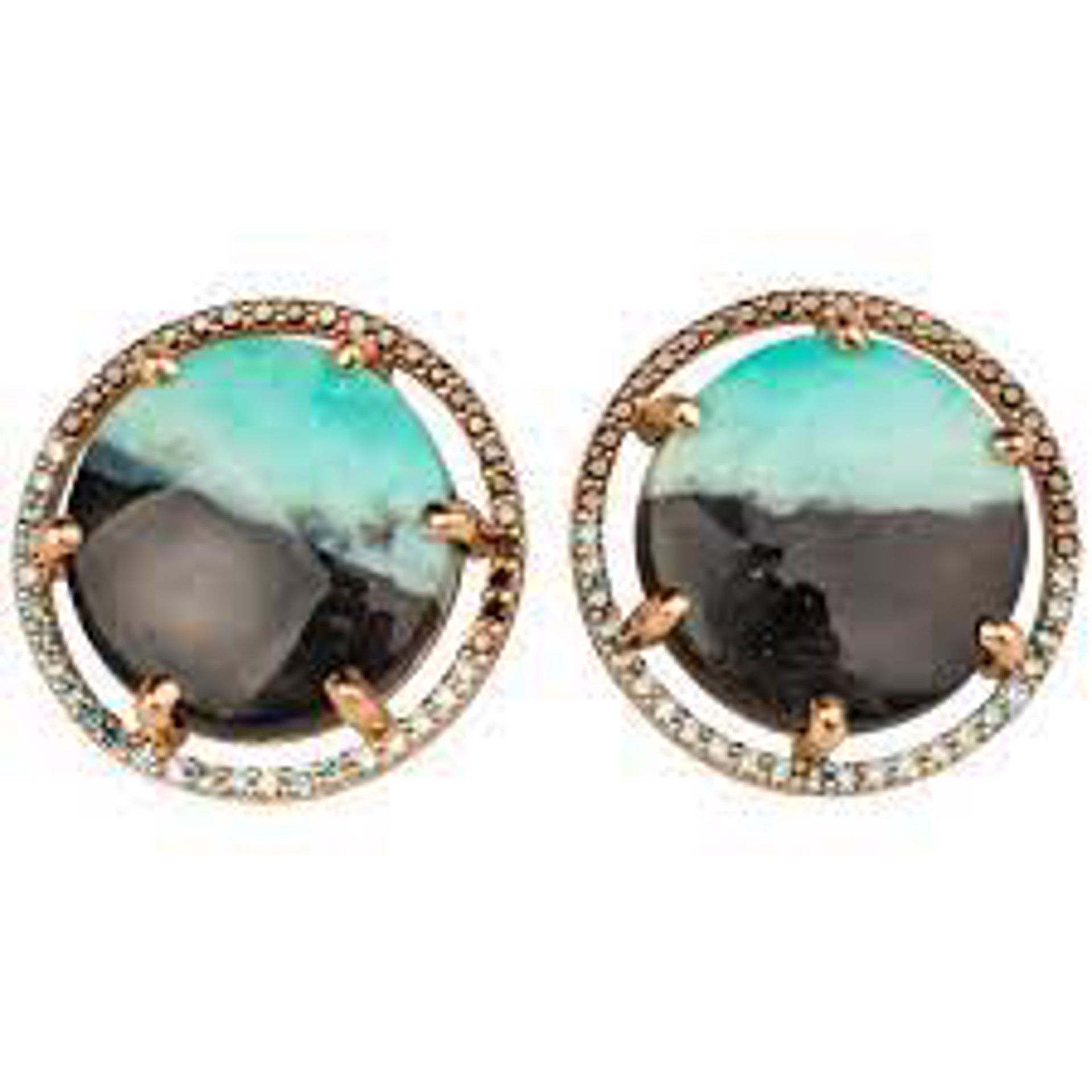 A pair of petrified wood and opal studs set in 18k rose gold, with a halo of .23 carats of aqua blue diamonds and .23 carats of black diamonds by Llyn Strong
